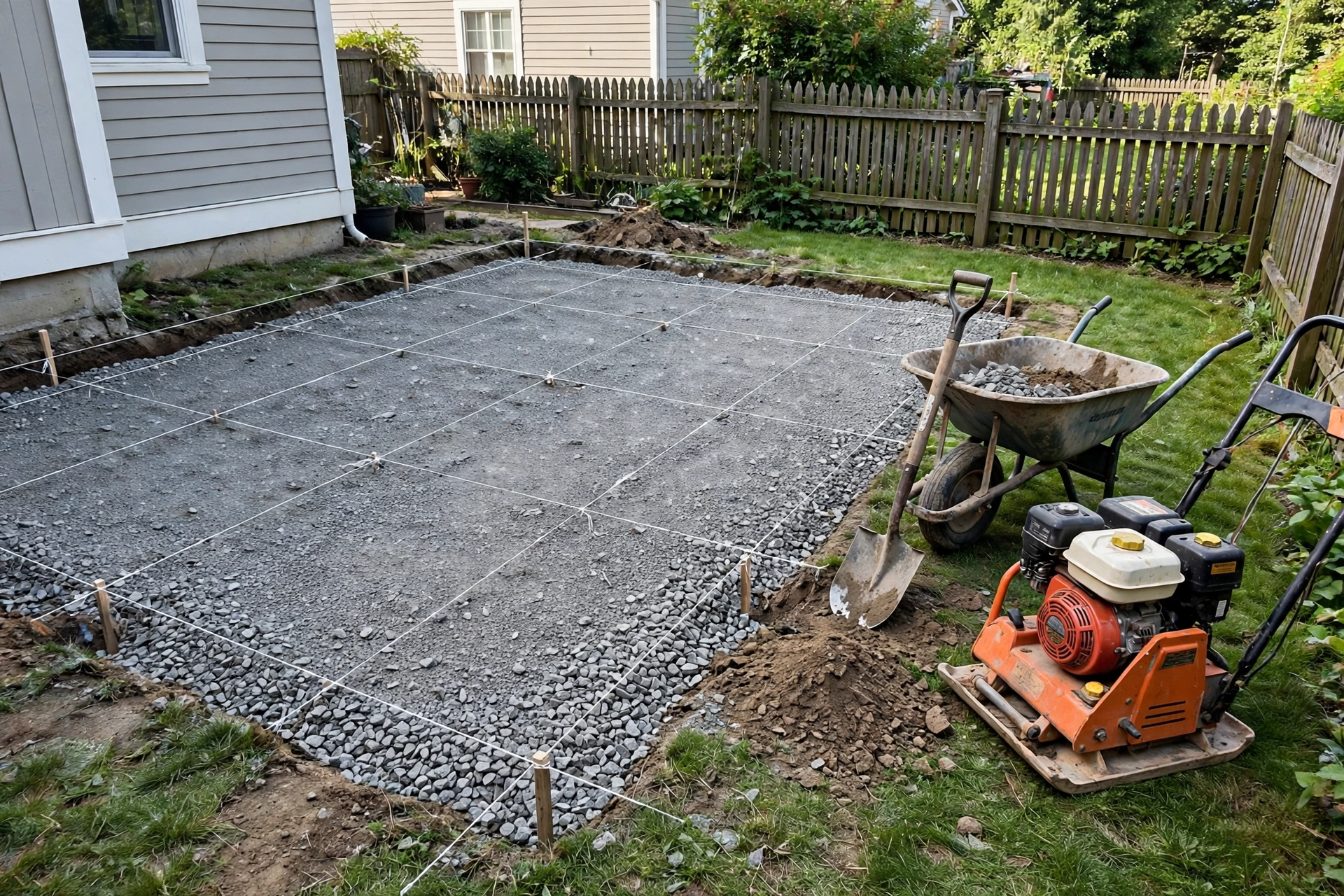 A dug-out patio area filled with compacted crushed stone, string lines stretched across it and a hired plate compactor at the edge
