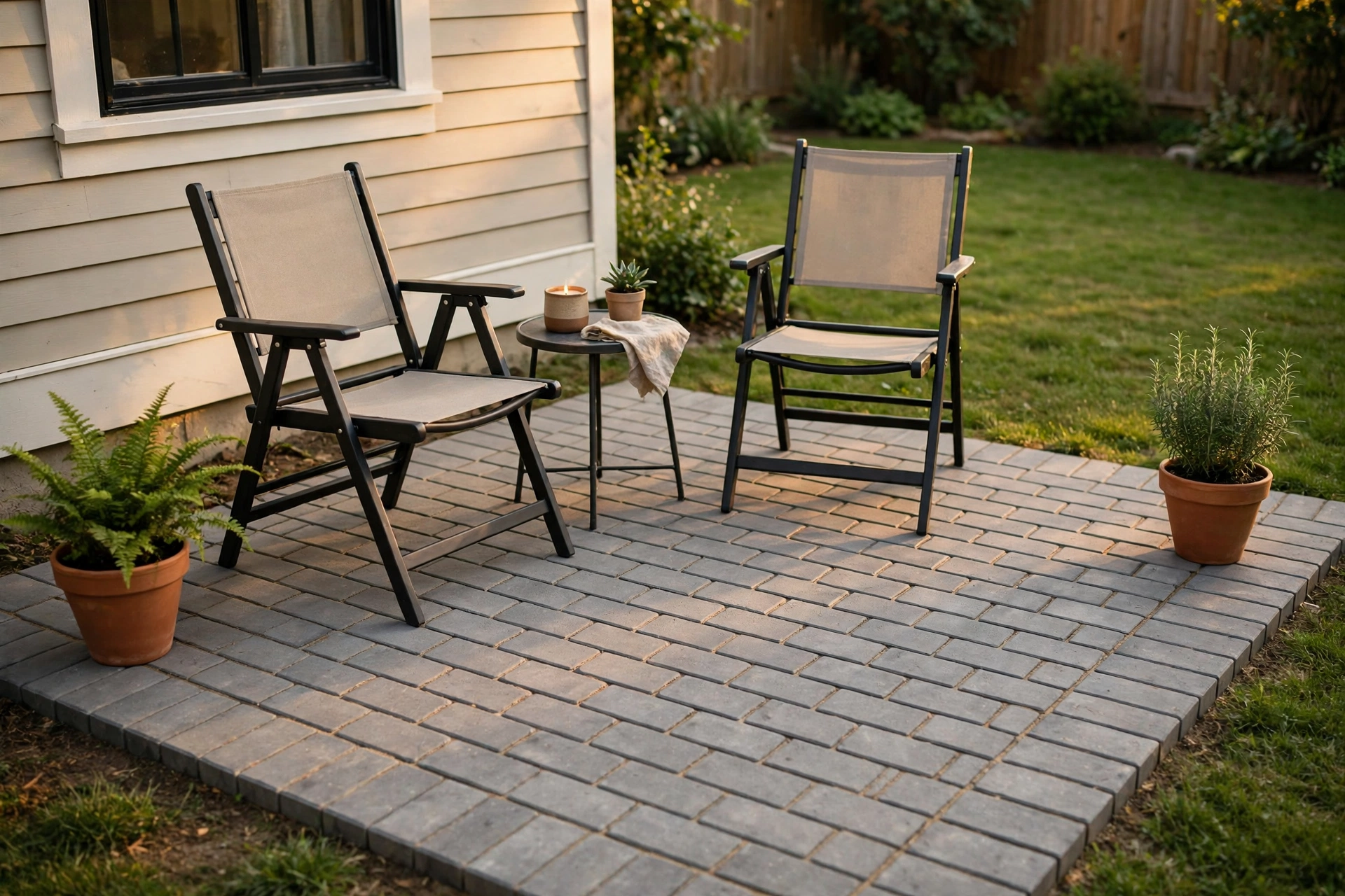A finished small square paver patio with two garden chairs, a small table and terracotta pots at the corners