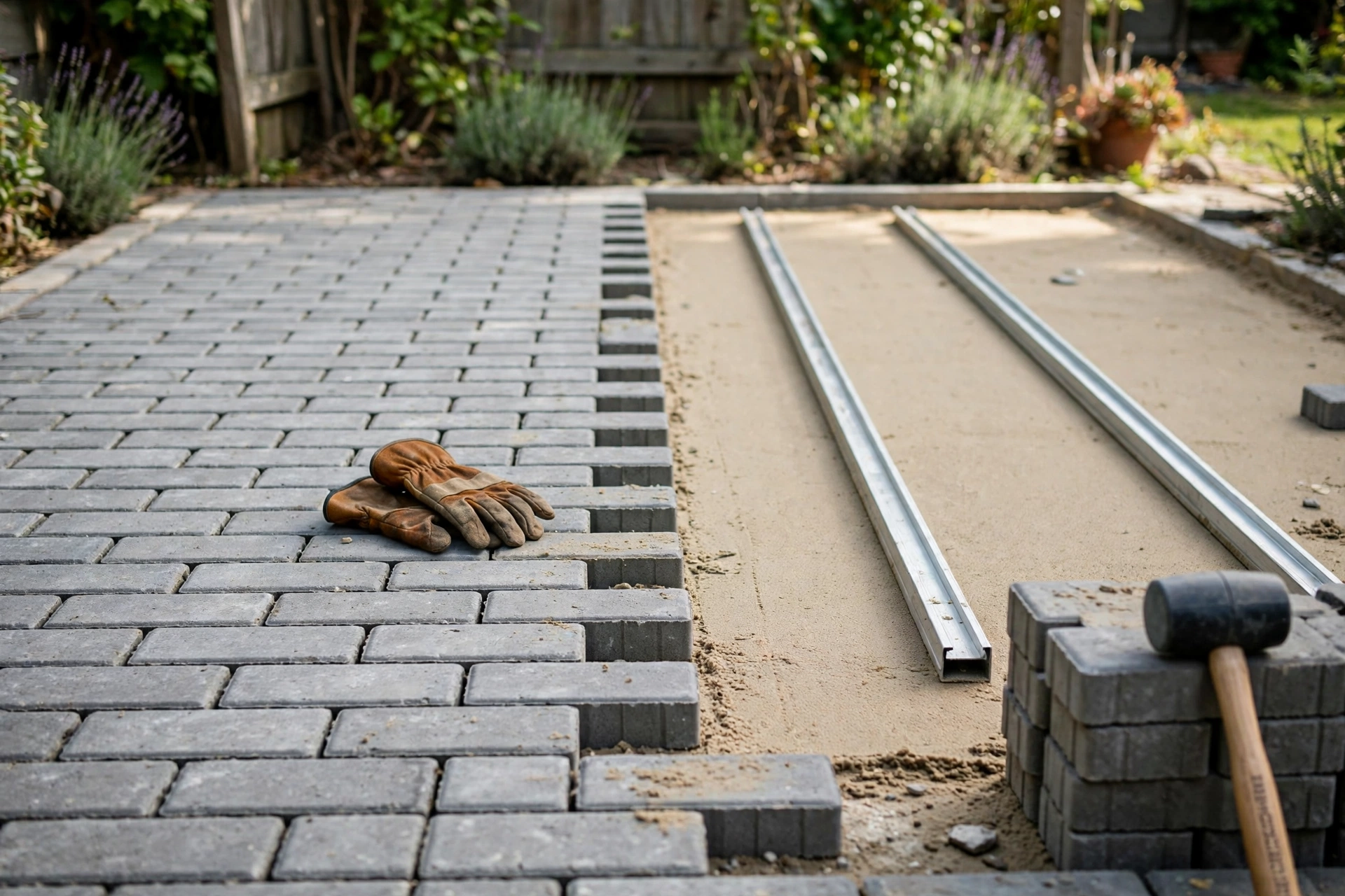 Pavers laid in running bond over half of a screeded sand bed, with a stack of spare pavers and a rubber mallet beside them
