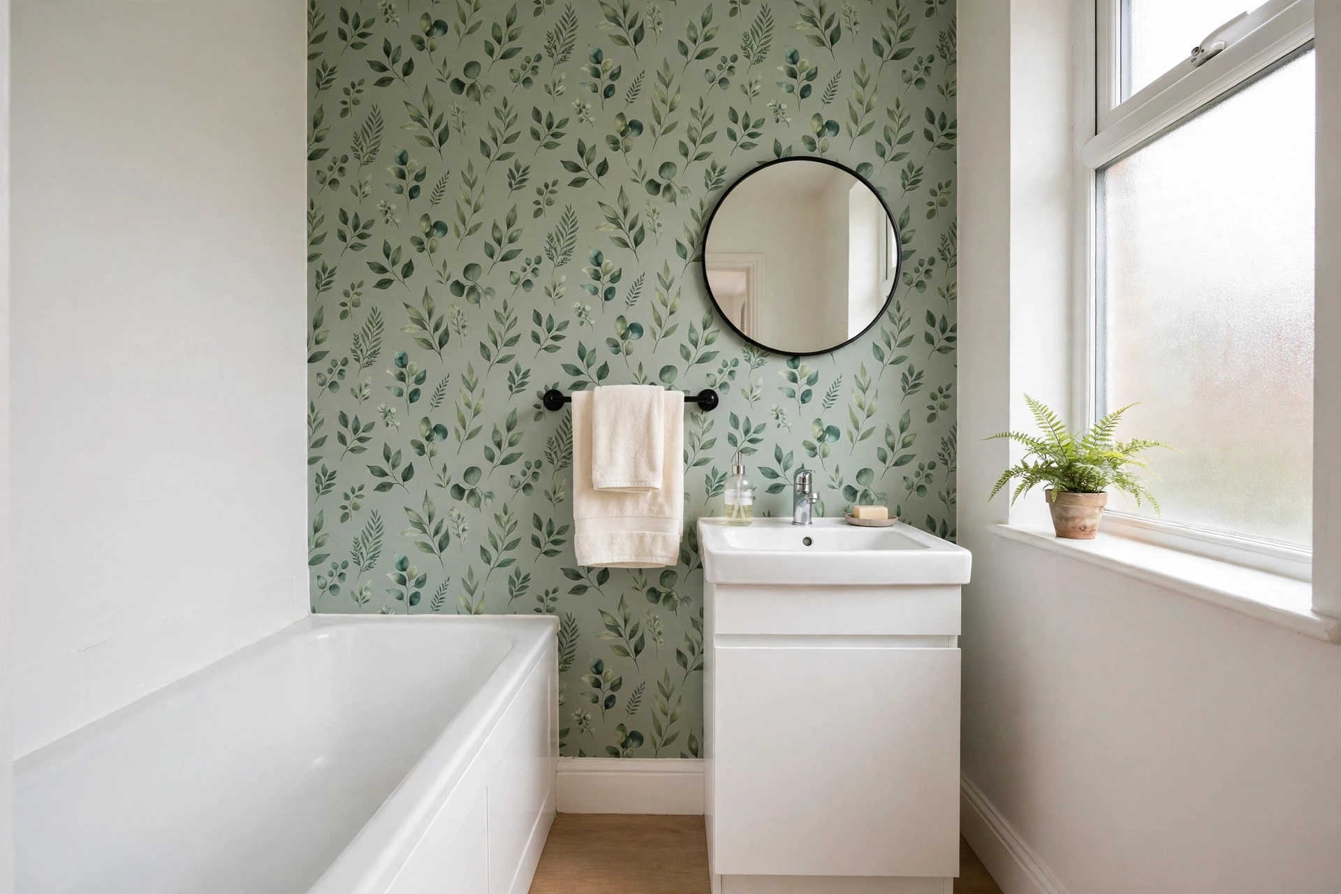 A small bathroom with one wall covered in sage green botanical peel and stick wallpaper, a white basin and bath, a round mirror and a fern on the windowsill