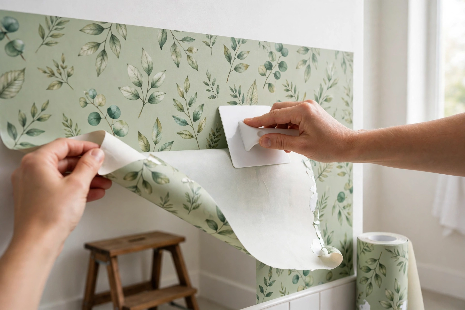 Hands hanging a sheet of sage green botanical peel and stick wallpaper, smoothing it down with a white tool while the lower half curls away from the wall showing the backing
