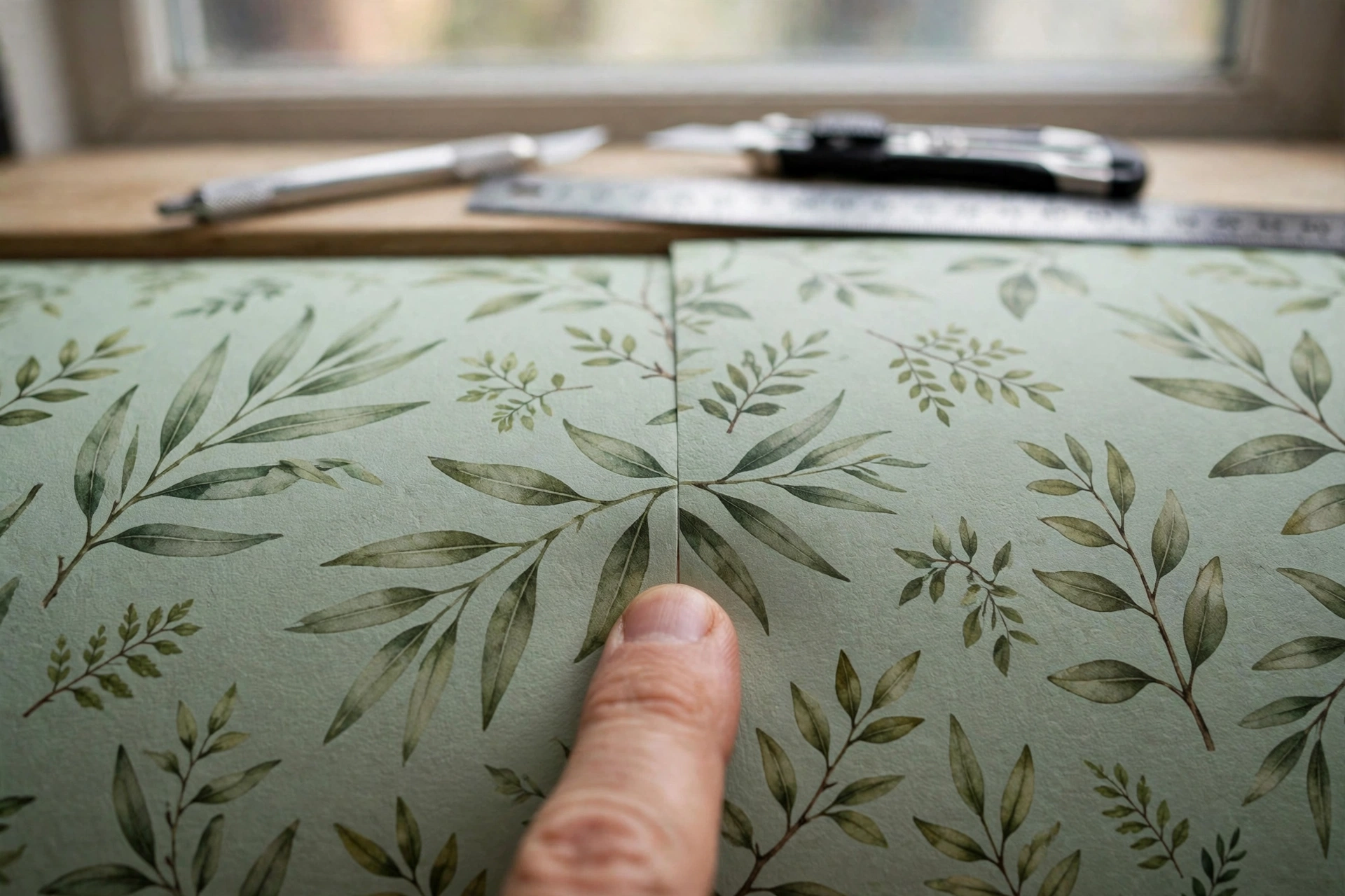 A close view of two sheets of sage botanical wallpaper meeting at a seam, the leaf pattern lining up across the join as a fingertip presses along it, with a ruler and craft knife behind