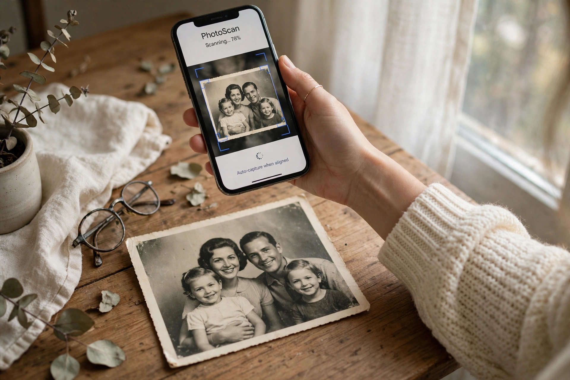 Hands holding a smartphone over an old printed photograph on a table, scanning it with a phone app
