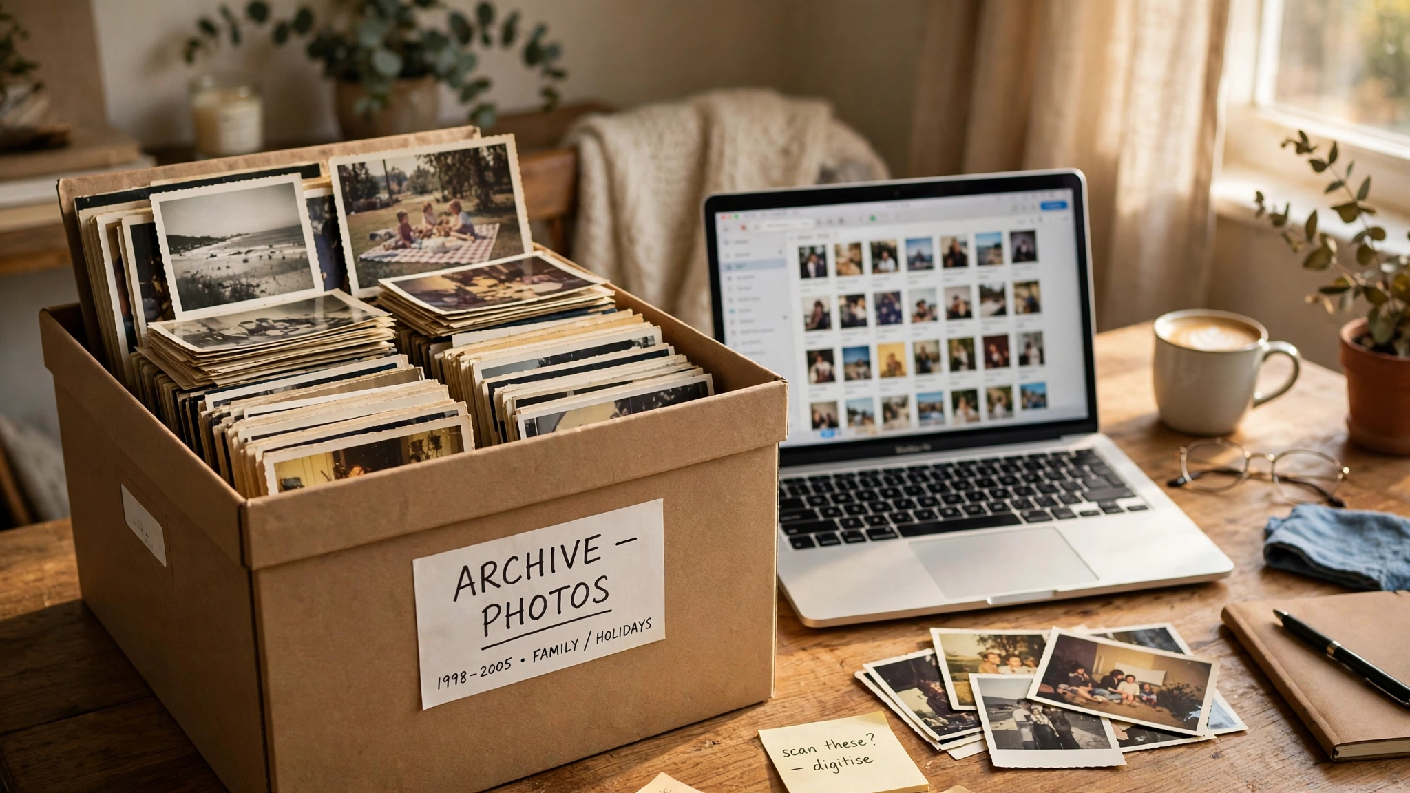 A labelled archive box of neatly stacked old photo prints beside an open laptop on a desk