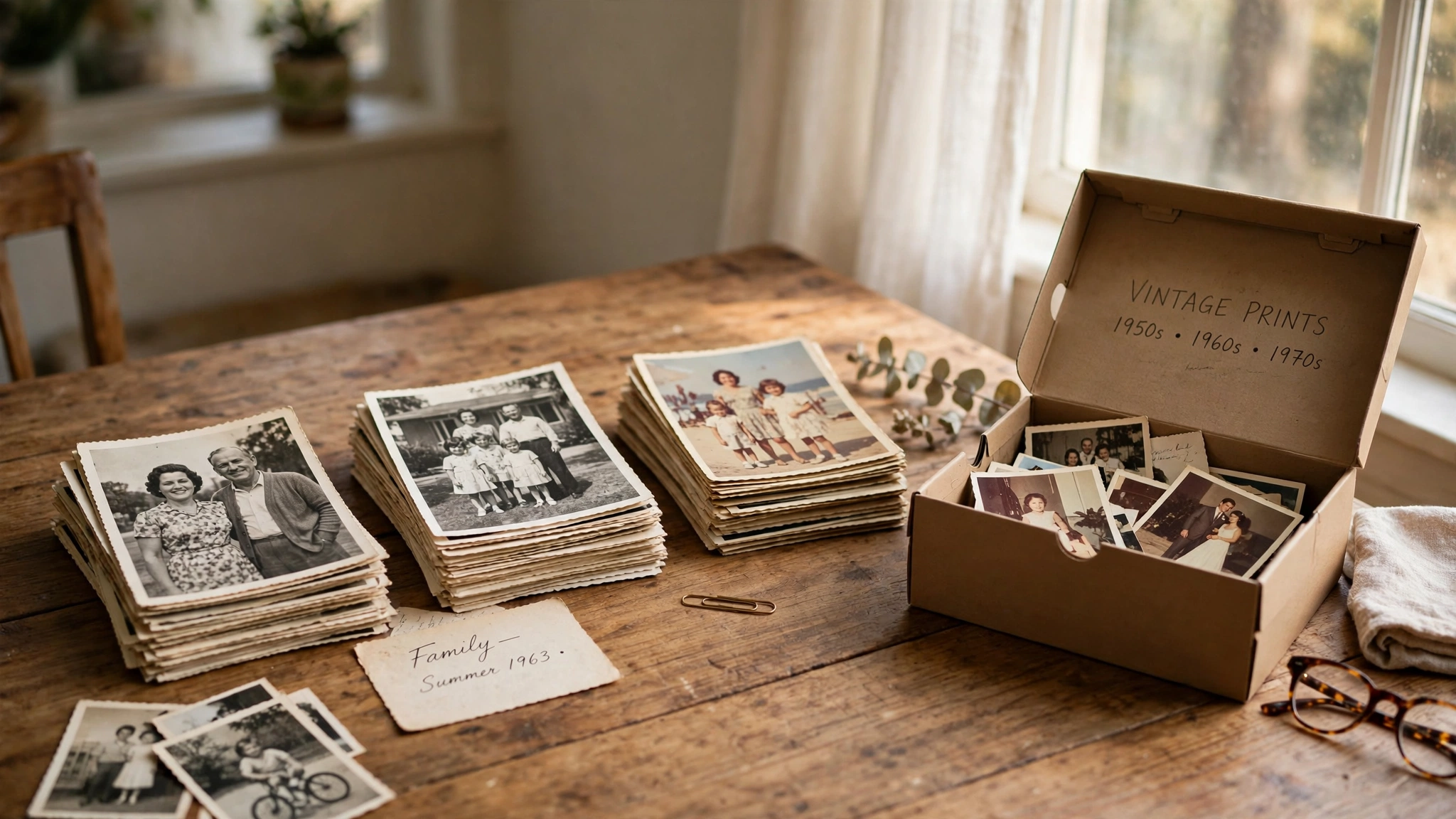 Old family photographs sorted into piles on a wooden table next to a shoebox of vintage prints