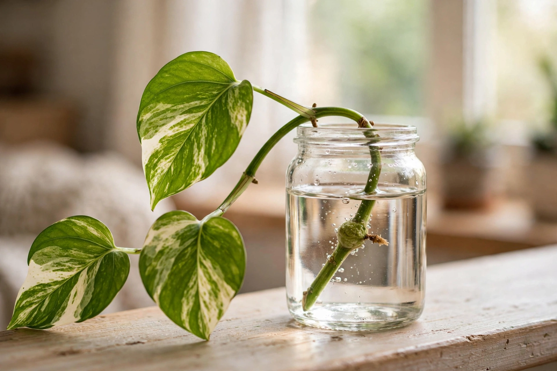 Close view of a pothos cutting in a glass jar of water on a windowsill, with the bumpy node and a tiny aerial root visible below the water line