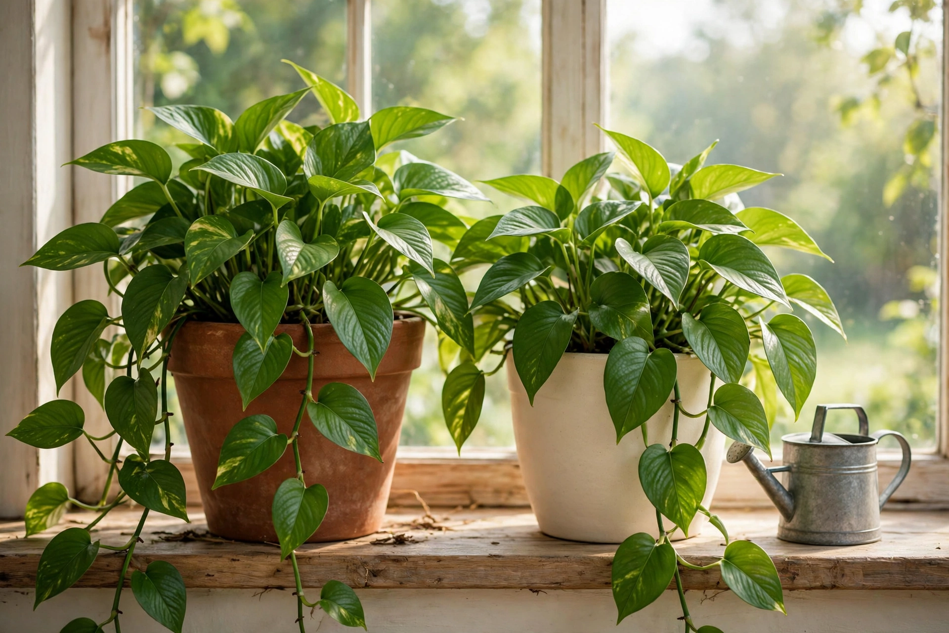 Green pothos plants trailing from pots and jars on a bright windowsill