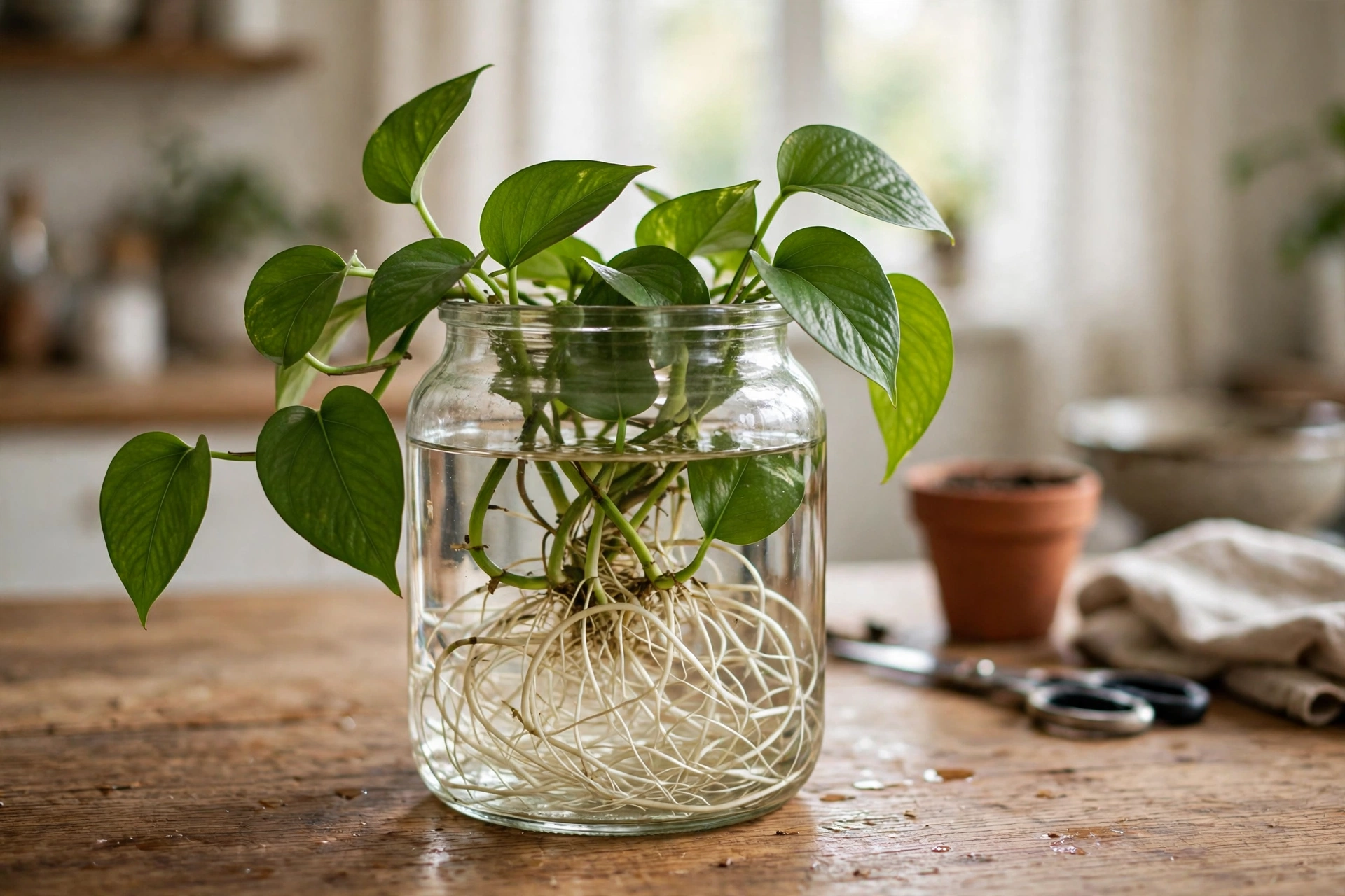 A glass jar of water on a sunny windowsill with plant roots growing inside it