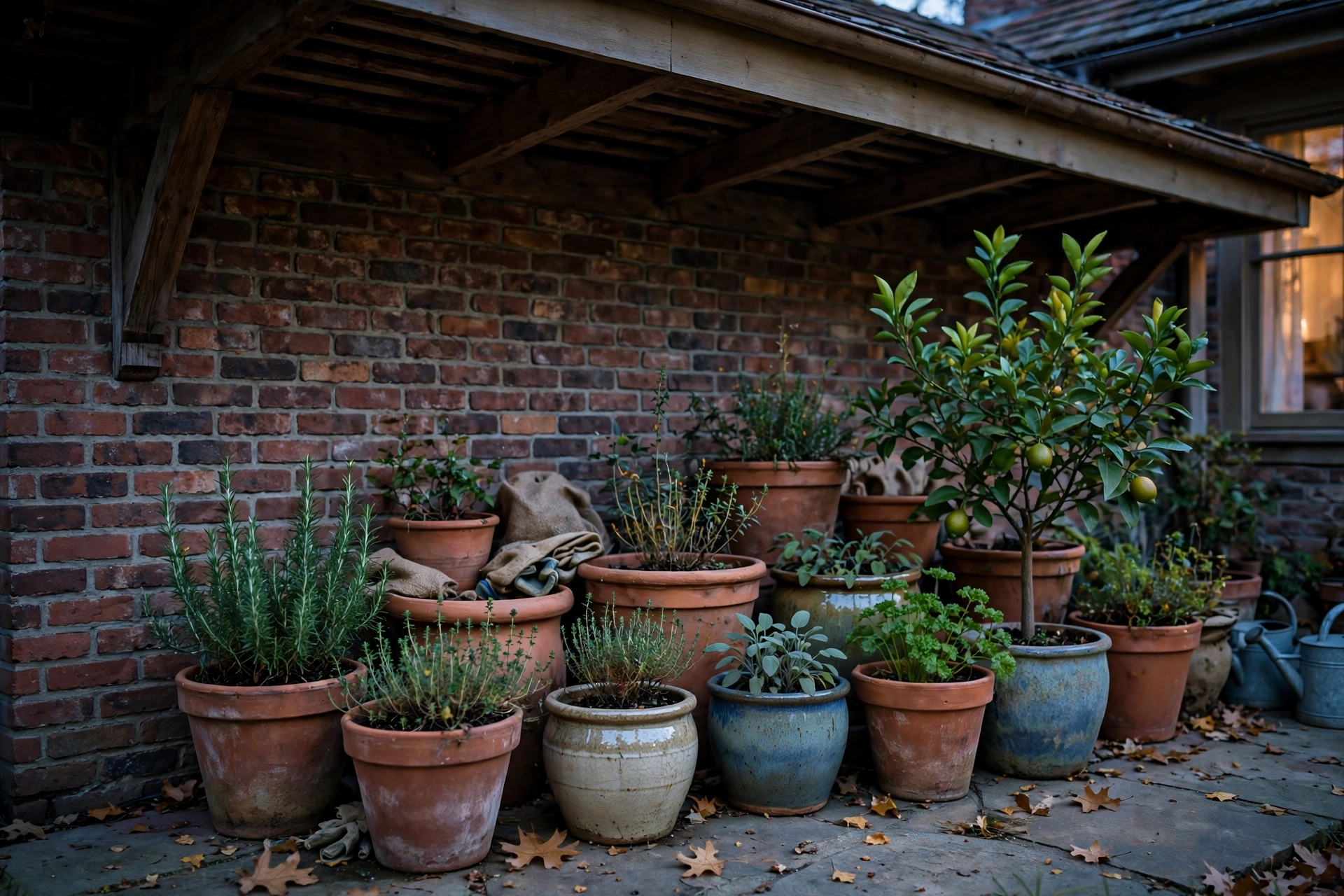 Terracotta and ceramic pots of herbs and a small citrus tree grouped together against a brick house wall under a roof overhang