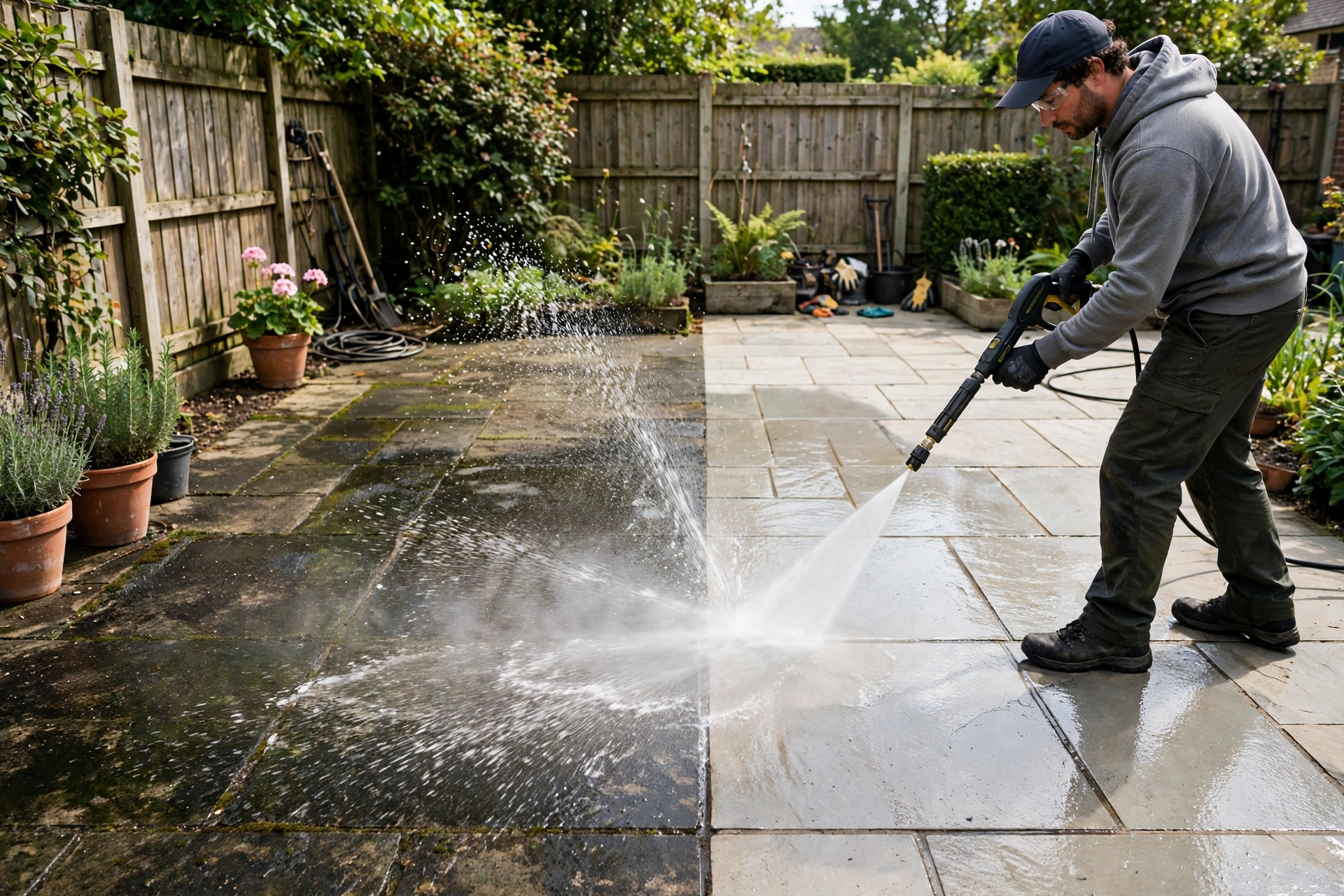 A small paver patio in a fenced garden being pressure washed, one half bright and clean and the other still mossy