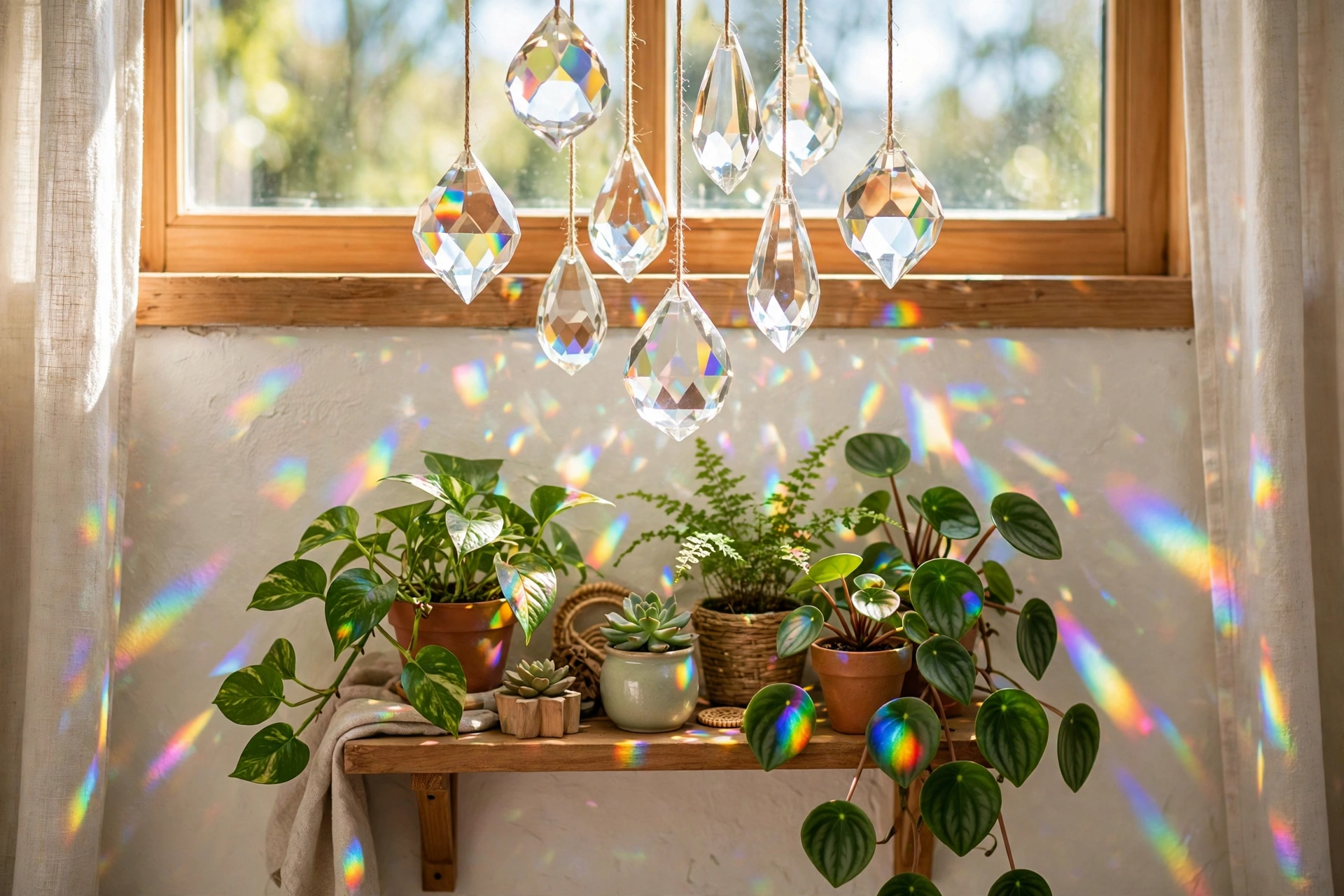 Faceted crystals hanging in a sunny window above a small shelf of green potted plants, with rainbow light patches scattered across the leaves