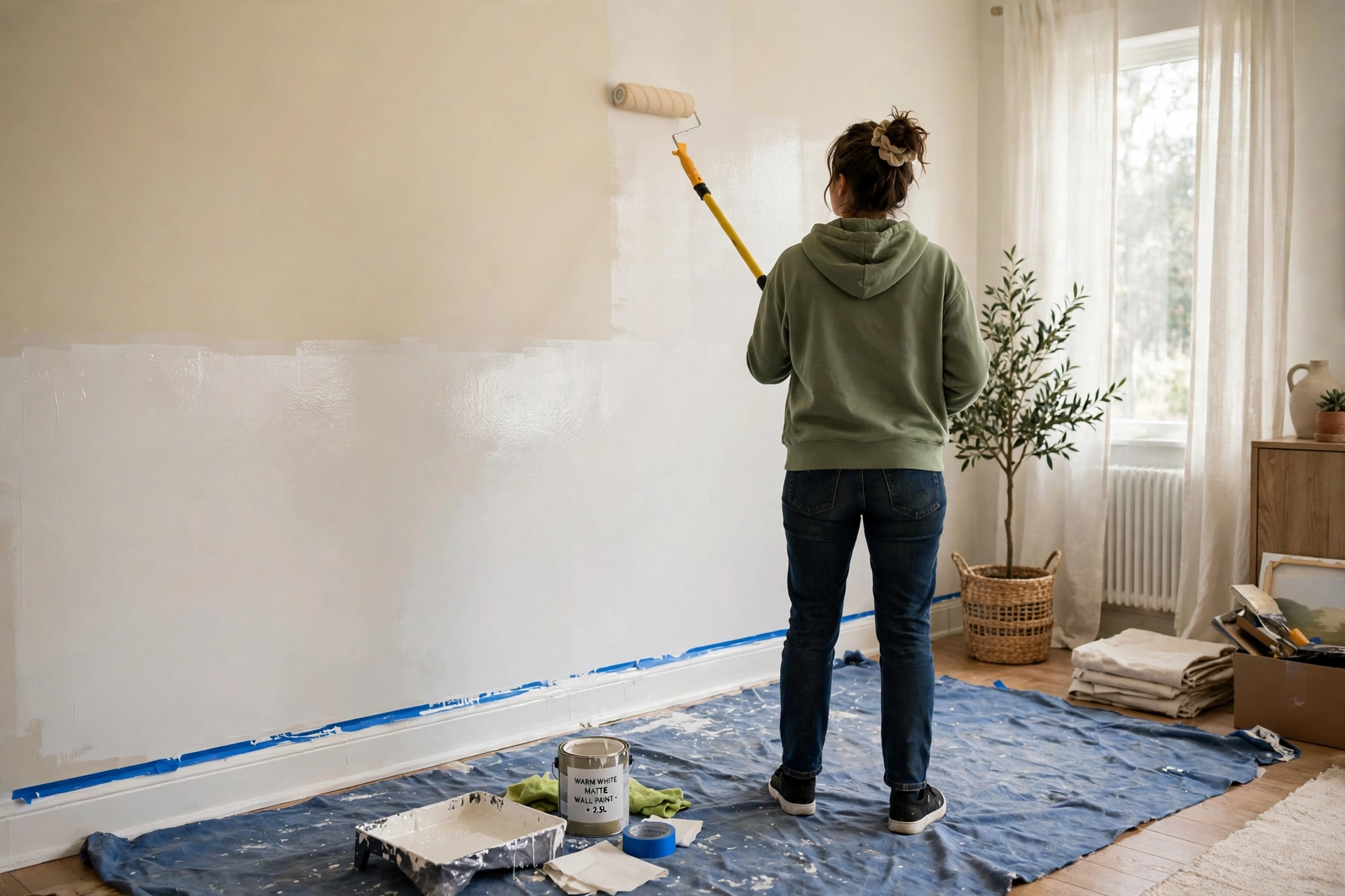 A woman rolling warm white paint onto a living room wall with a roller on an extension pole, half the wall freshly painted, tray and tin on a dust sheet