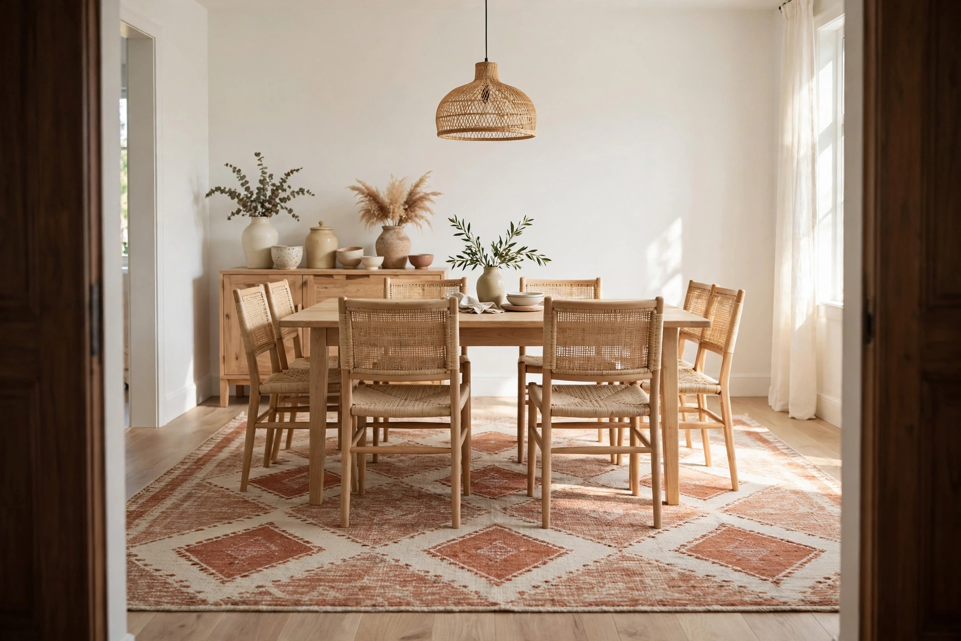 A wooden dining table with six chairs all standing fully on a large flatweave rug, with bare floor visible around the rug edges