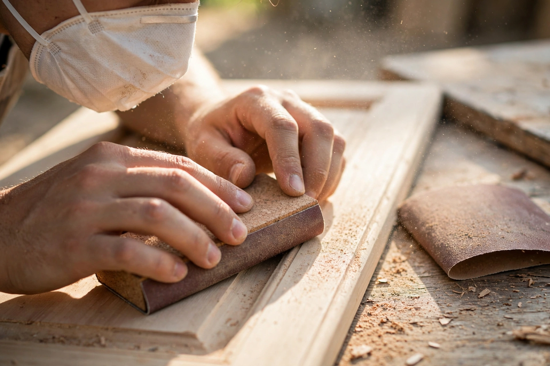 Close-up of a cabinet door being sanded with a sanding block, dust mask on
