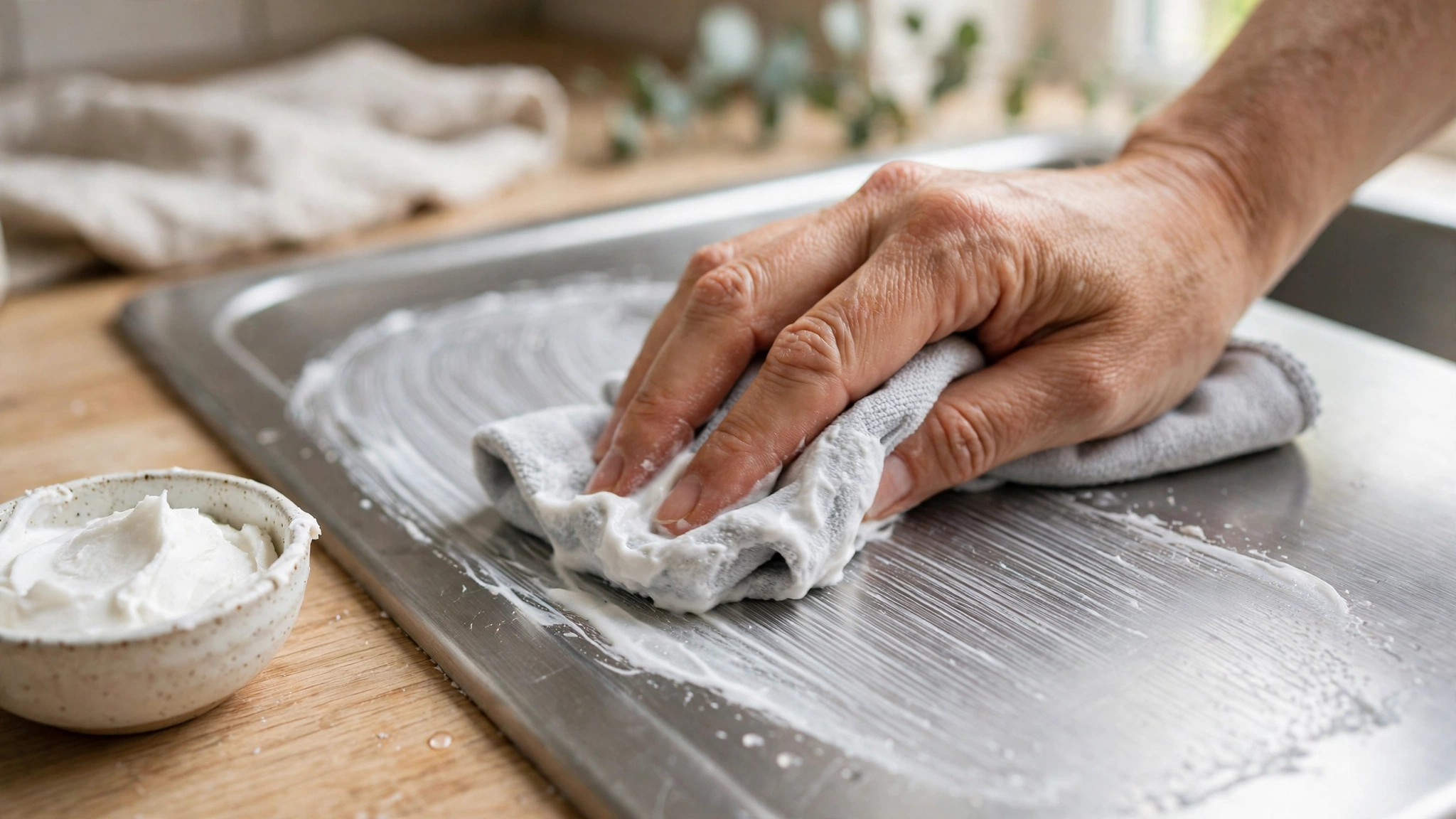 Hands scrubbing a white bicarbonate of soda paste along the brushed grain of a stainless steel sink with a soft cloth