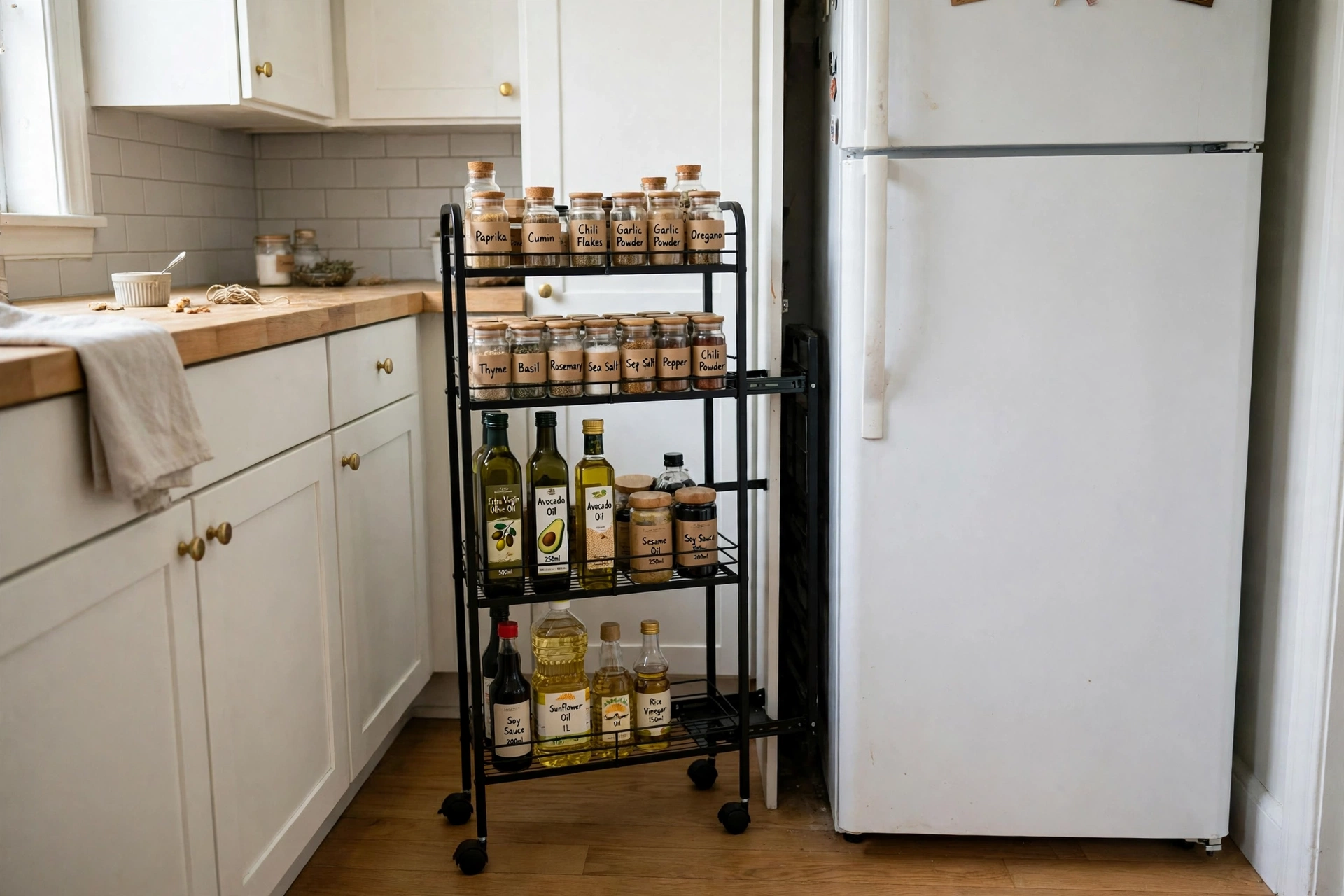 A slim rolling trolley pulled out of the narrow gap beside a white fridge, its shelves stocked with spice jars and oil bottles