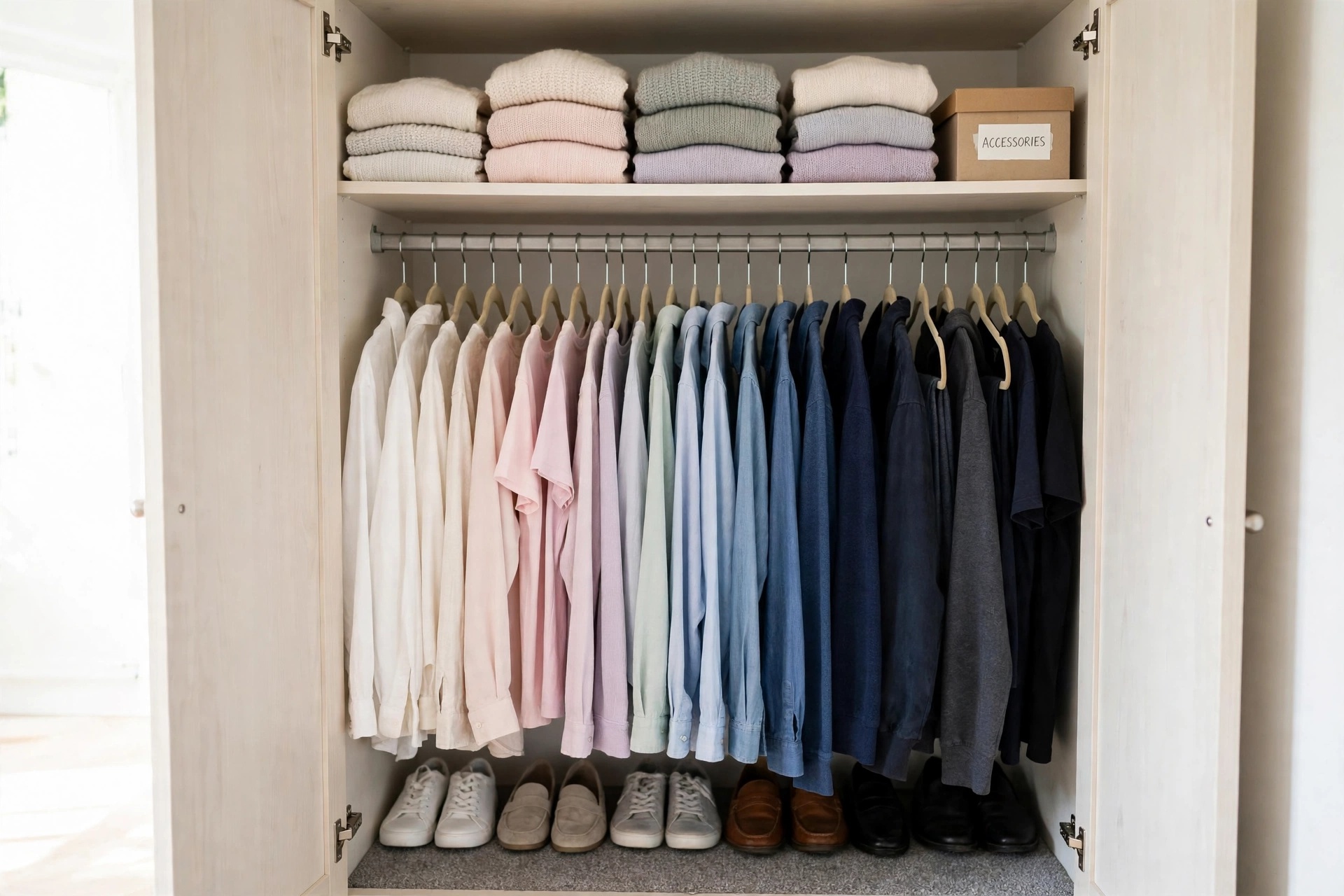 A small closet with clothes hung in a neat row on slim hangers and boxes on the shelf above