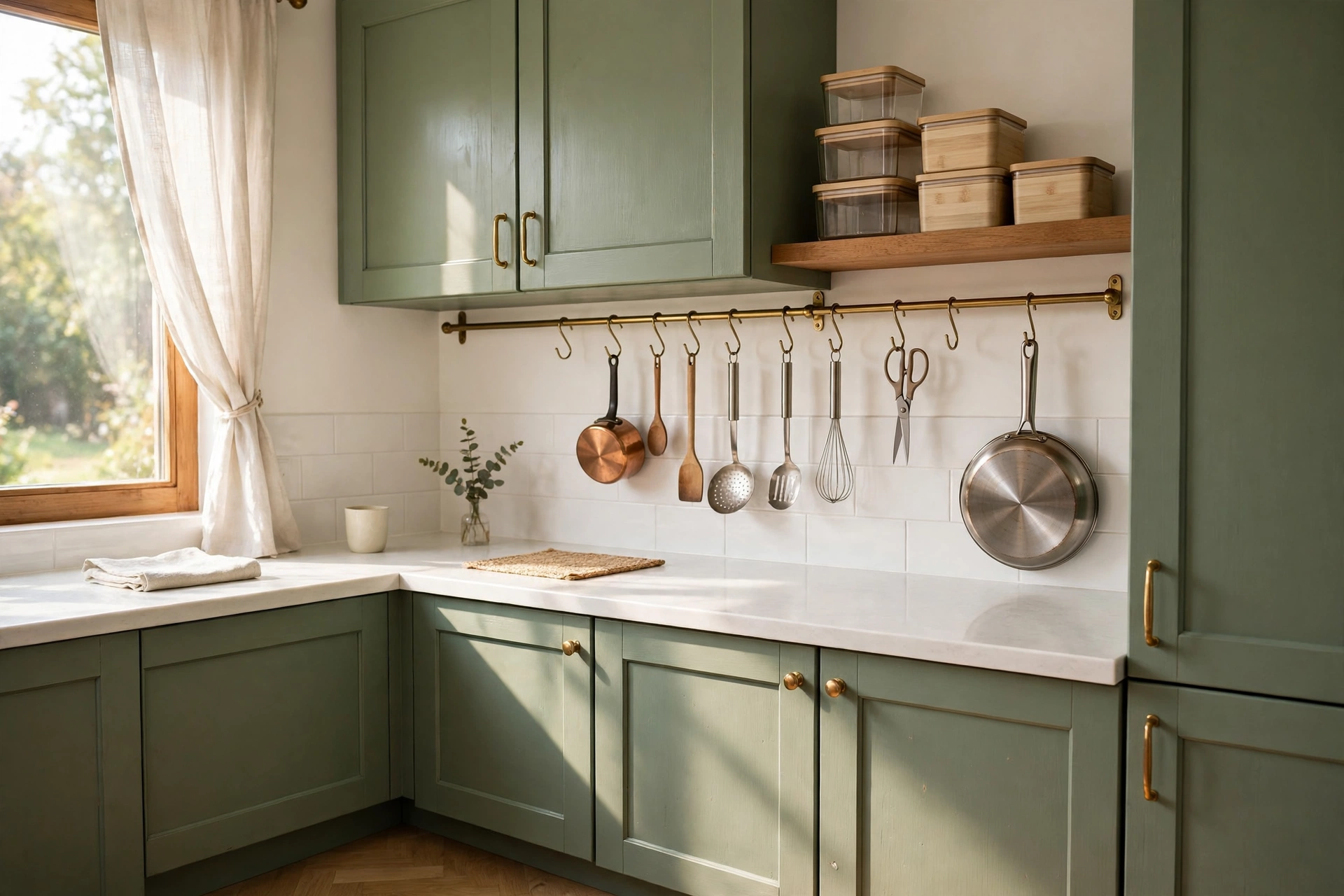 A small kitchen with a brass rail of utensils under the wall cabinets, an open shelf of square storage containers and clear worktops