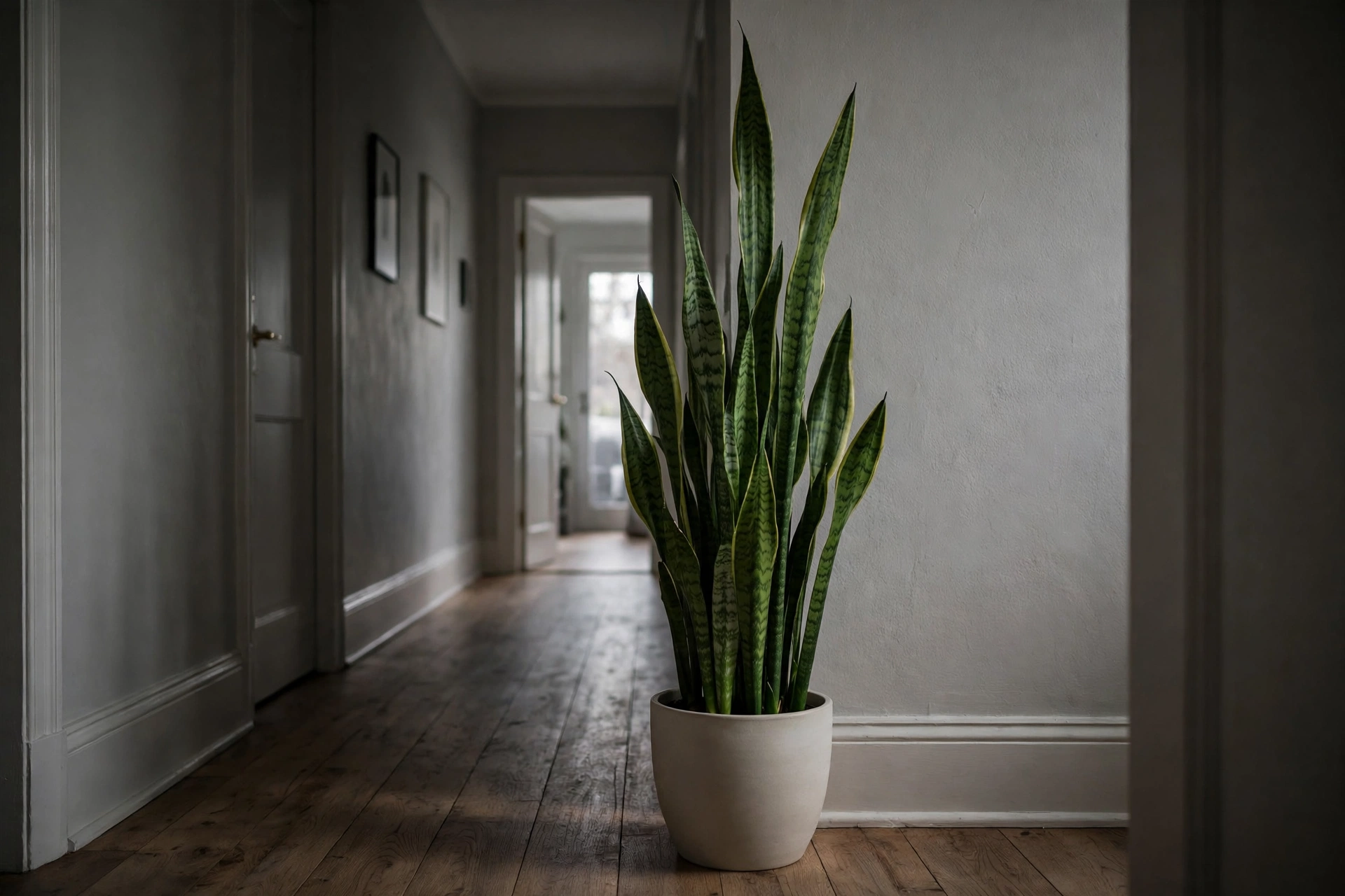 A tall snake plant standing in a hallway corner