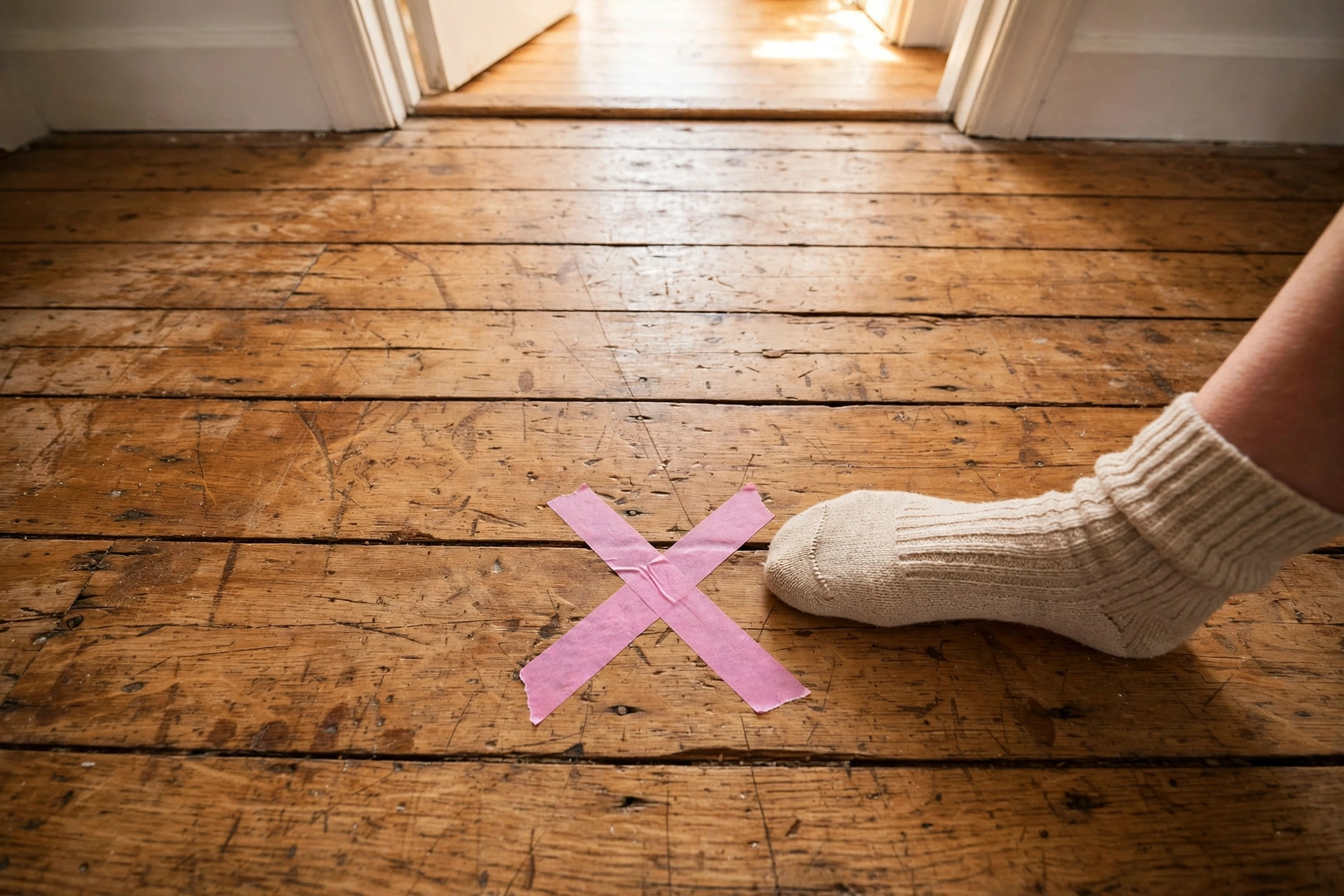 Painter's tape crossed over one spot on honey-oak floorboards to mark a squeak, with a socked foot stepping beside it