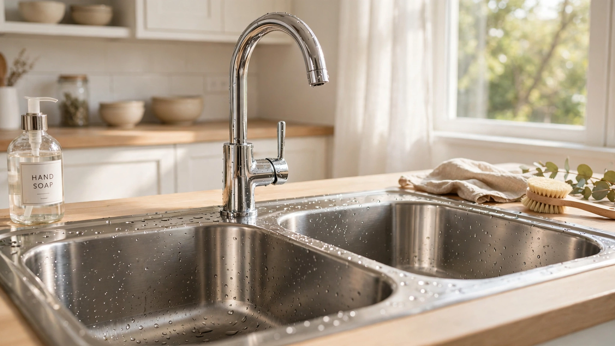 A stainless steel kitchen sink polished until it gleams, with light reflecting off the brushed surface and a chrome tap above it