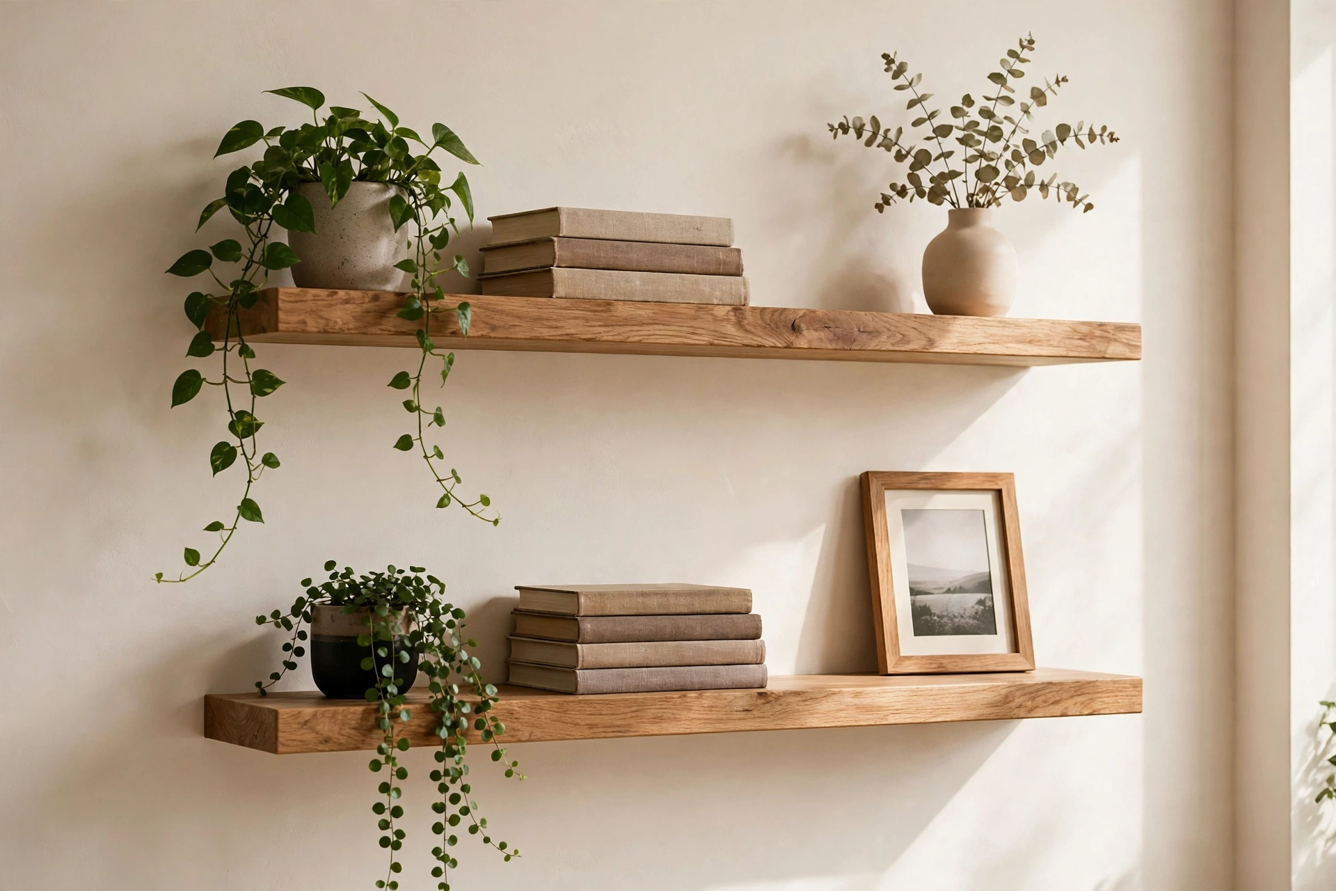 Wooden floating shelves styled with books, trailing plants and a ceramic vase