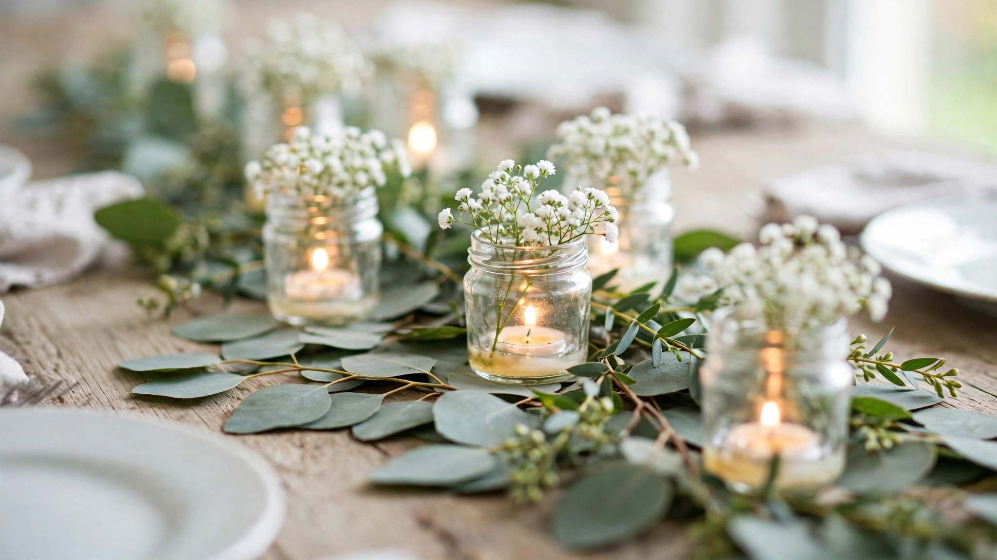 A low centrepiece of flat eucalyptus leaves and small glass jars with tiny white flowers and lit tea lights along the middle of a wooden table