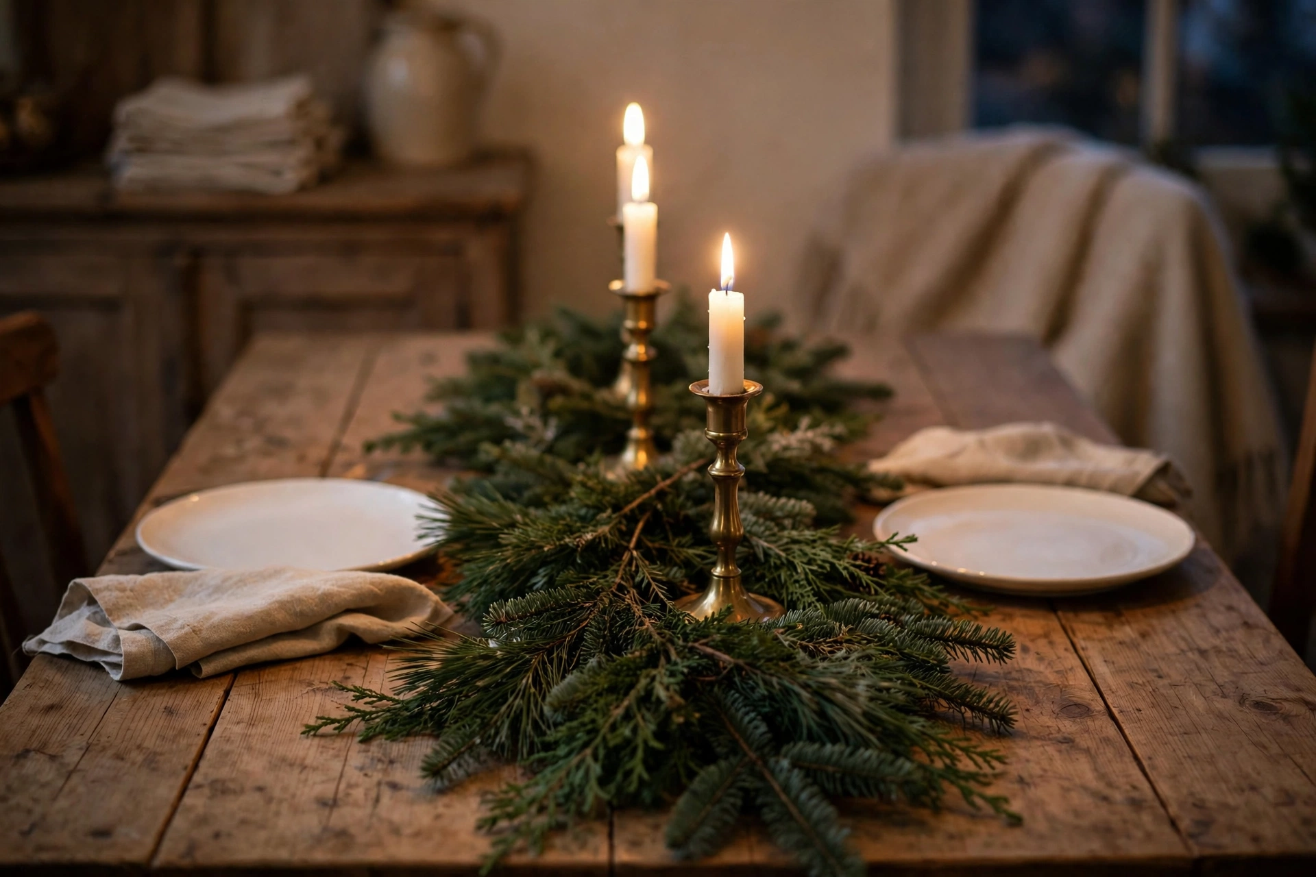 A Christmas table with evergreen branches laid flat down the middle, three lit white candles in brass candlesticks, white plates and linen napkins on a wooden table