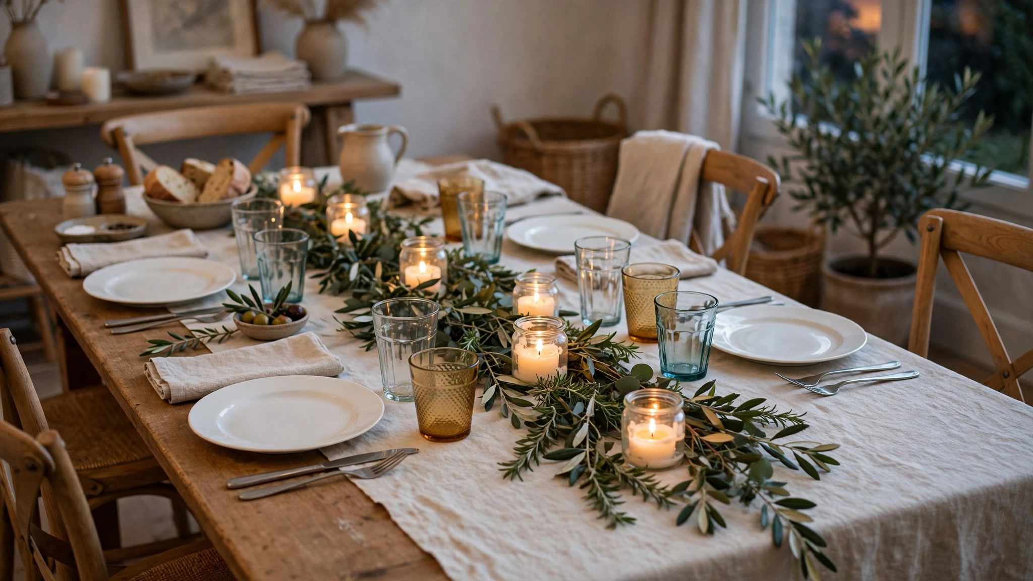 A dining table set for guests with a low centrepiece and candles