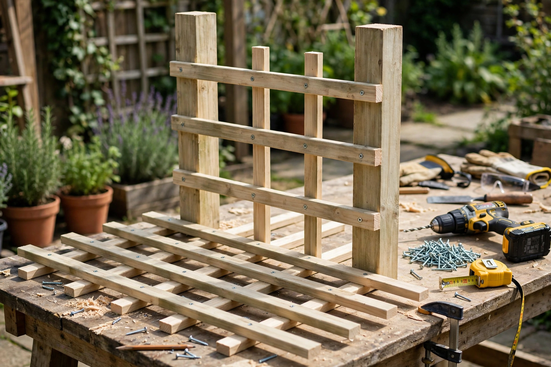 A square grid trellis panel laid flat on an outdoor workbench partway through being screwed together, with a cordless drill, a pile of screws and a tape measure beside it