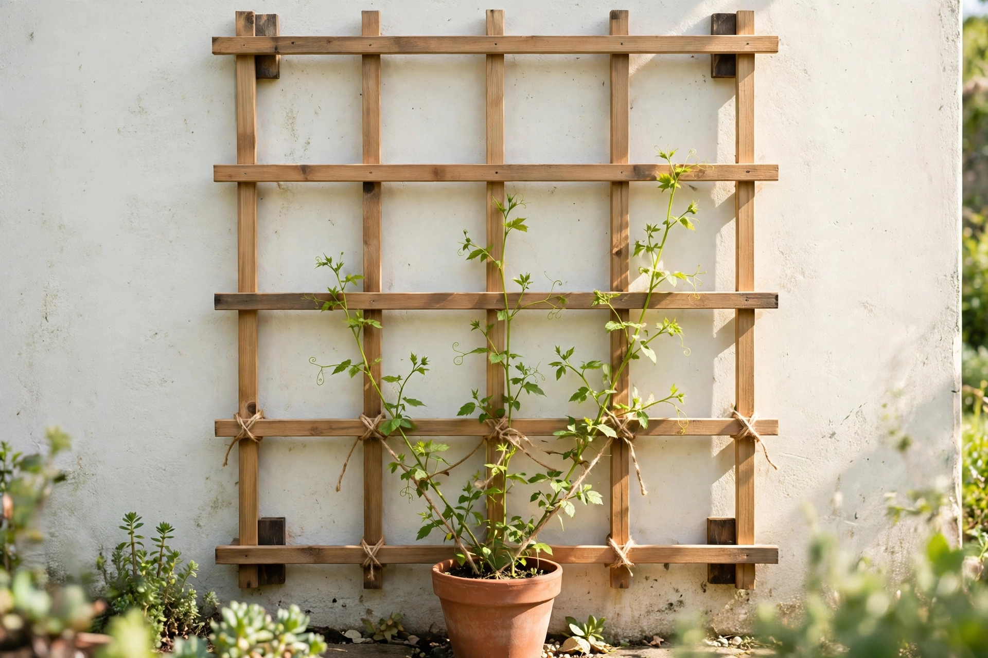 A square grid batten trellis fixed to a pale garden wall, standing off the wall on small dark spacer blocks, with a young climbing plant tied in with twine and a terracotta pot at the base