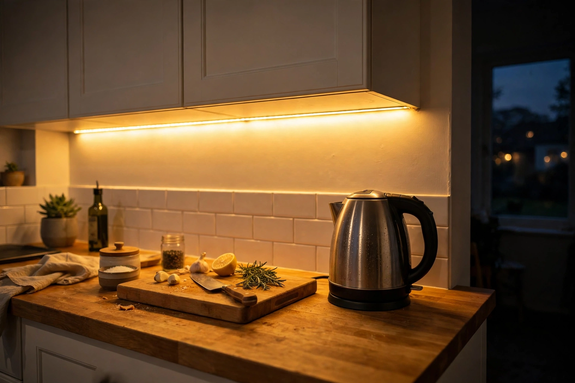 Warm light glowing from a strip under white kitchen wall cabinets, washing over a wooden worktop with a kettle and chopping board