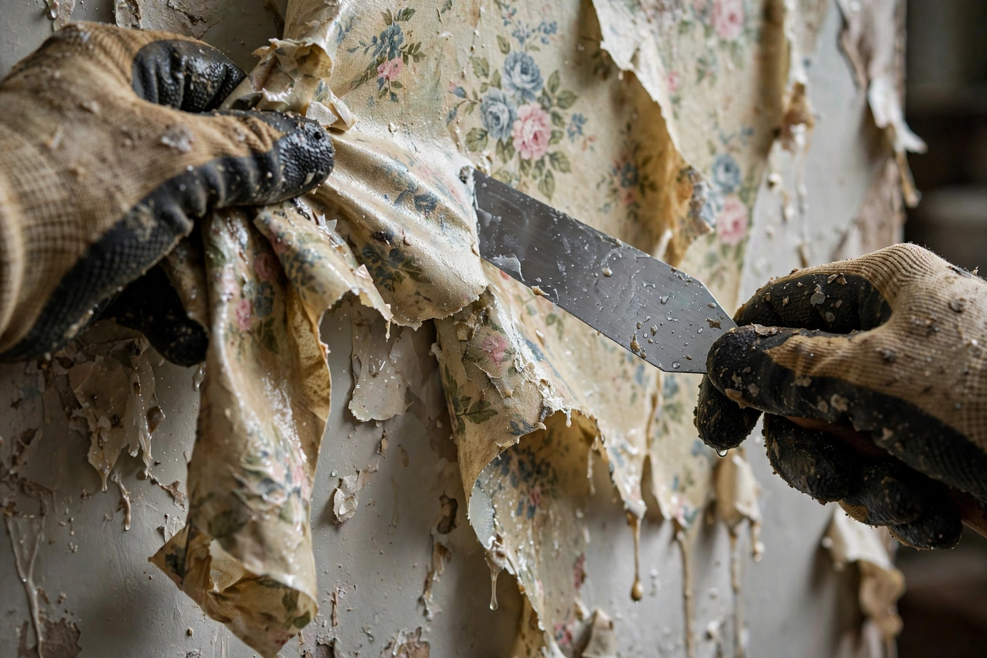 Gloved hands pulling a sheet of softened floral wallpaper away while a wide stripping knife slides flat along the wall beneath it