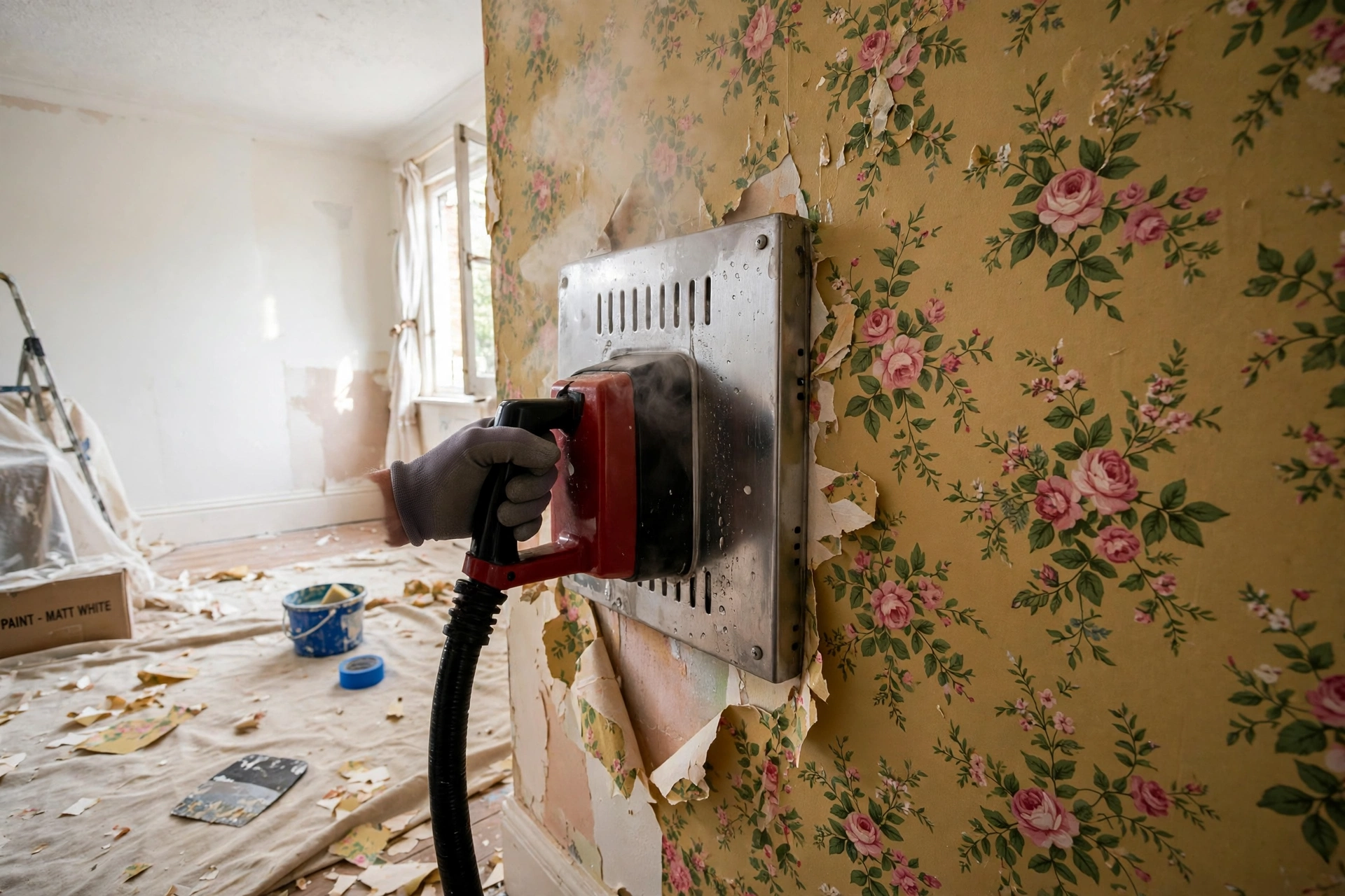 A wallpaper steamer plate held against old floral wallpaper, steam rising as the paper beneath starts to lift and curl