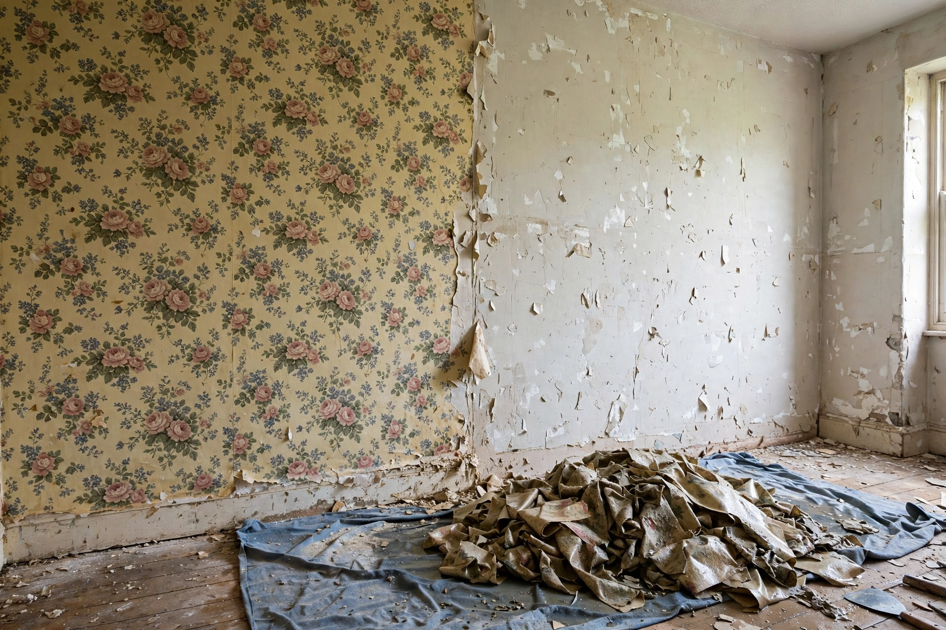 A wall half stripped, old floral paper still on one side and bare pale plaster on the other, with a pile of damp stripped paper on a dust sheet below