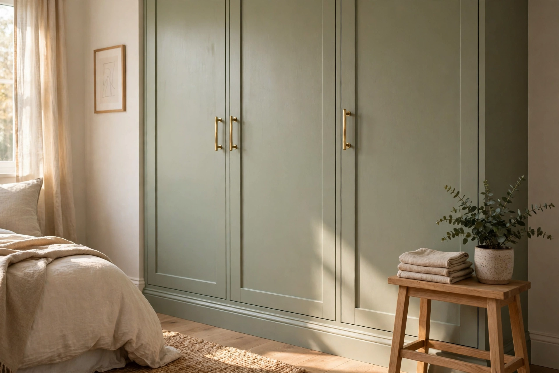 A built-in look wardrobe painted soft sage green with brushed brass bar handles and a plinth at the base, in a sunlit bedroom
