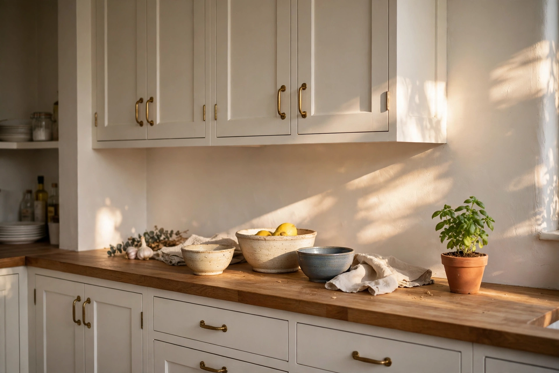 A kitchen in a warm greige white with wooden worktops