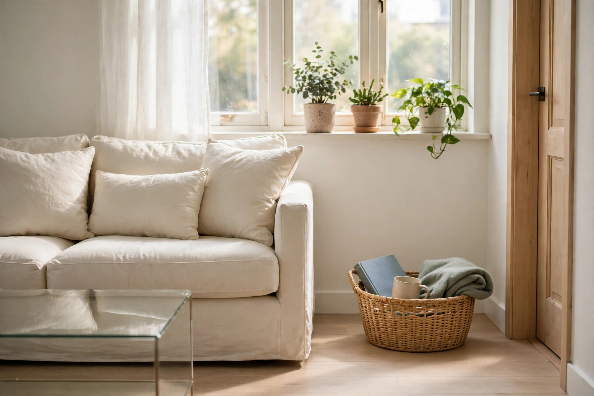 A tidy living room after a short reset, cushions straightened and a woven basket of stray clutter sitting by the door