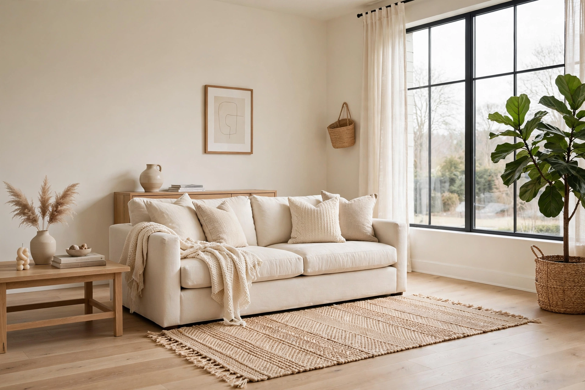 A bright living room with curtains hung high above tall windows