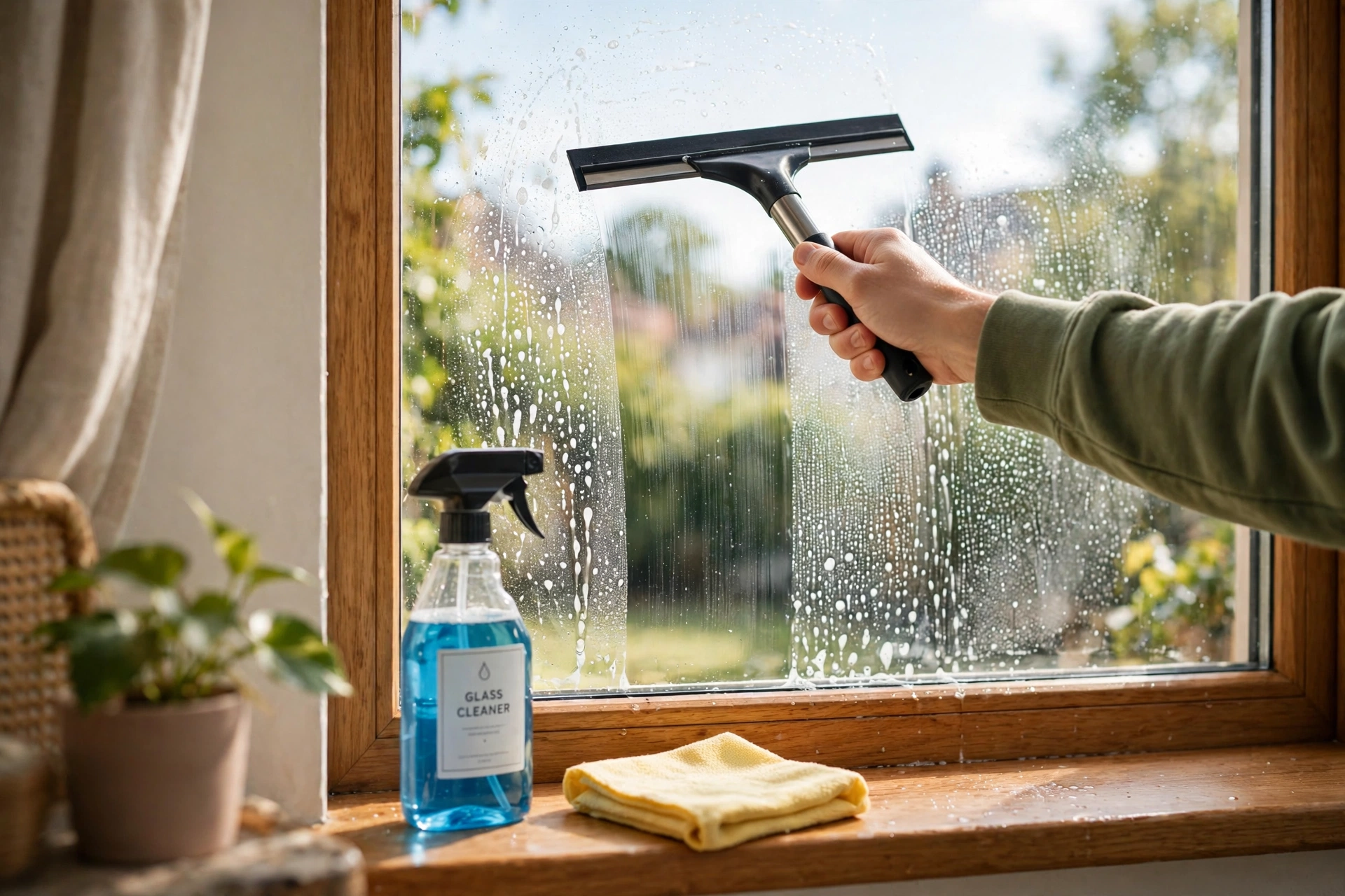 A hand pulling a squeegee down a bright window pane as sunlight streams through the glass, with a spray bottle and folded cloth on the sill