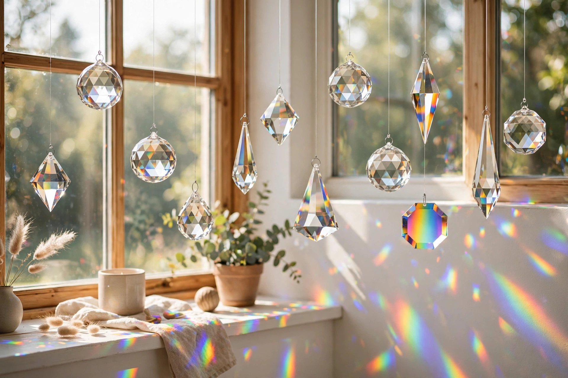 Faceted glass crystals hanging on fine lines in a sunny window, throwing rainbow patches of light across the wall and windowsill
