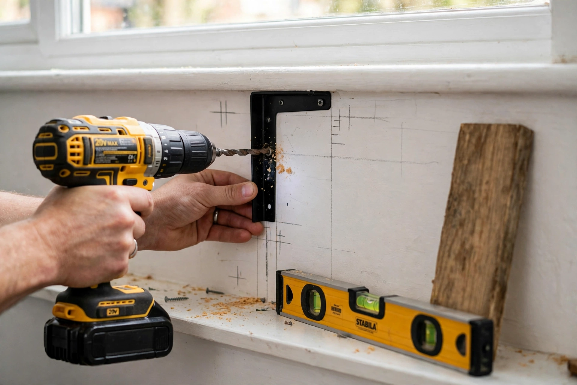 Hands drilling a black metal bracket to the wall just below a kitchen windowsill, with a spirit level resting nearby