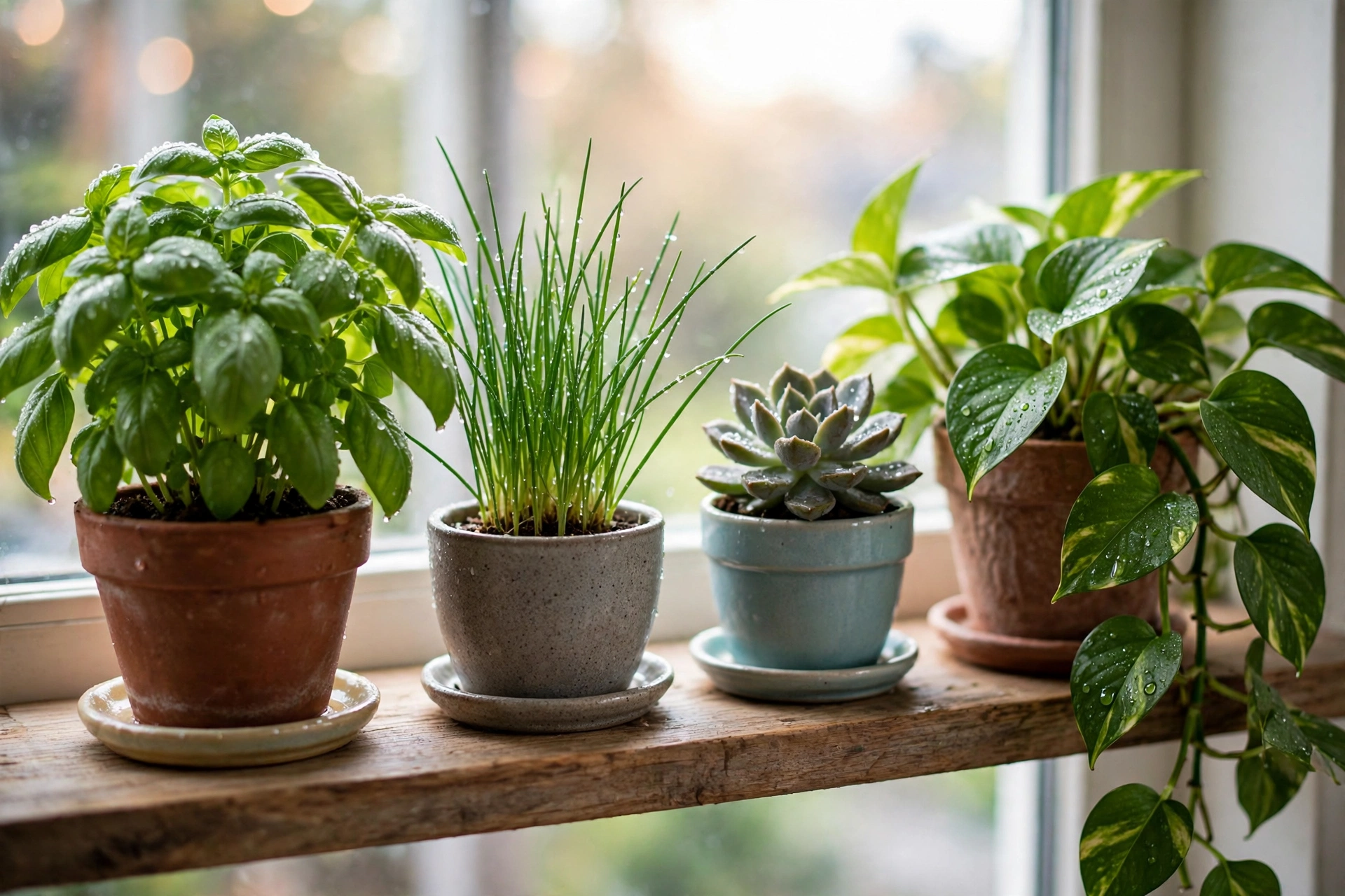 A close view of potted basil, chives, a small succulent and a trailing pothos on saucers along a sunny window shelf