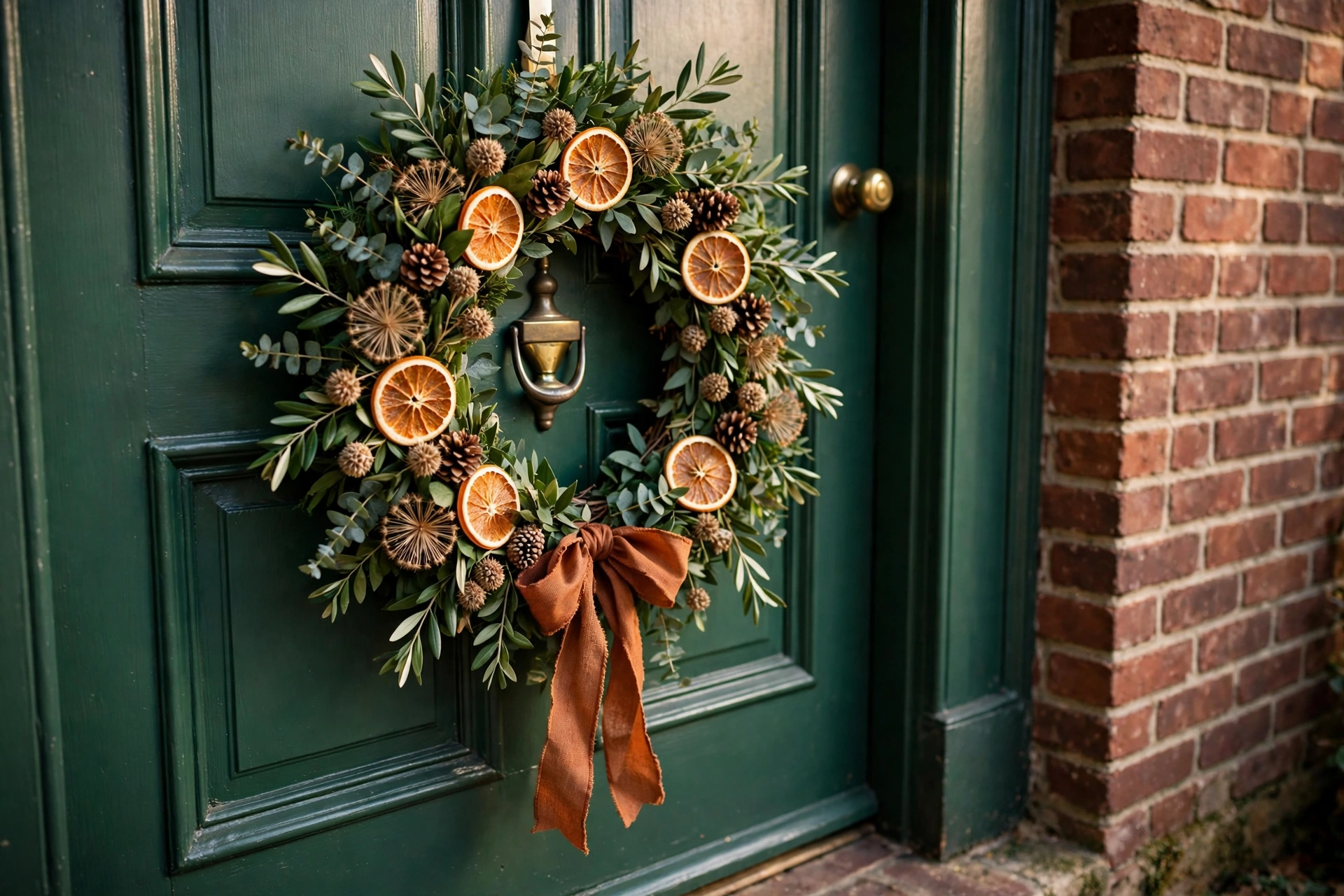 A handmade autumn wreath hanging on a front door