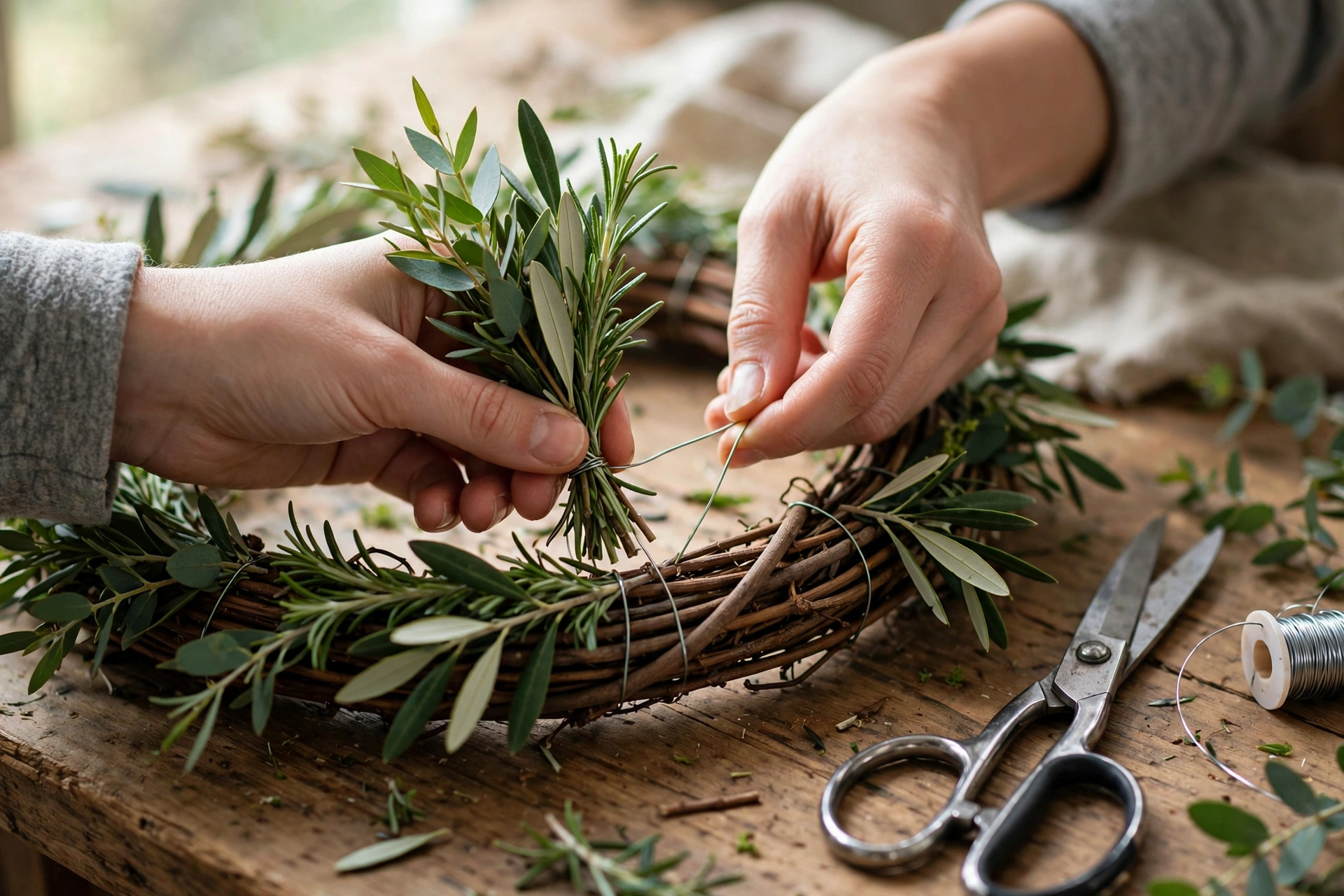 Hands wiring a small bundle of green foliage onto a grapevine wreath base with florist wire, scissors and a wire spool on the table
