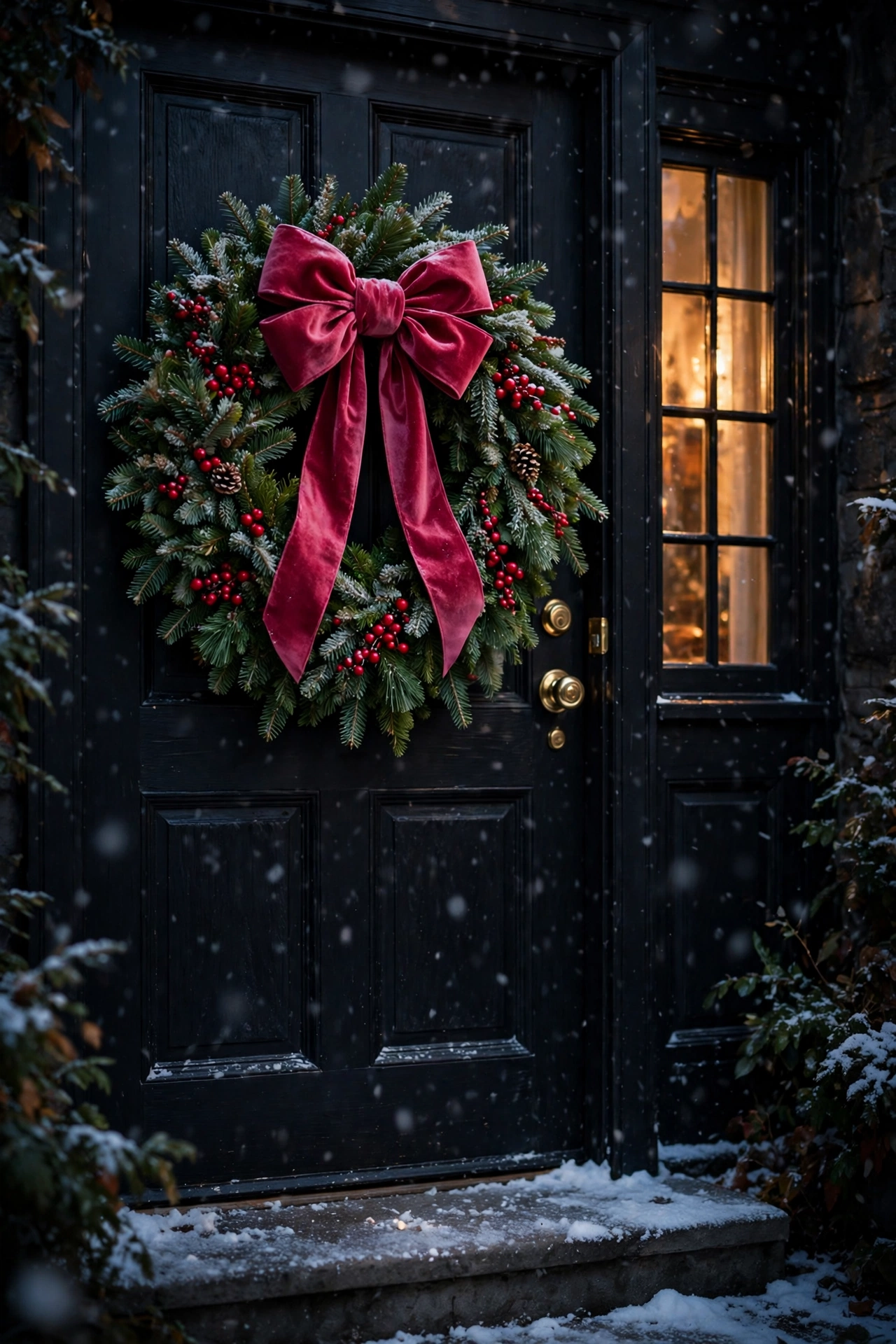 A handmade winter wreath hanging on a front door